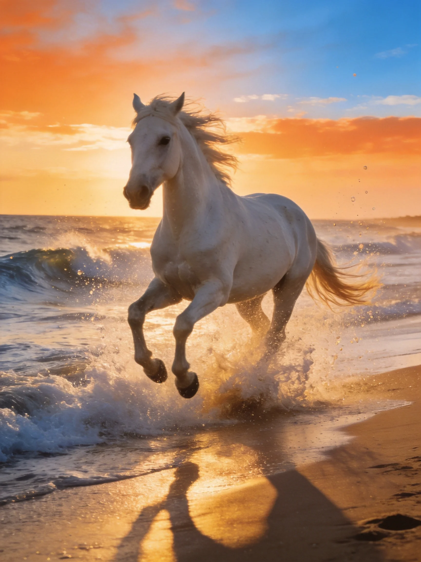 A white horse galloping through ocean waves at sunset