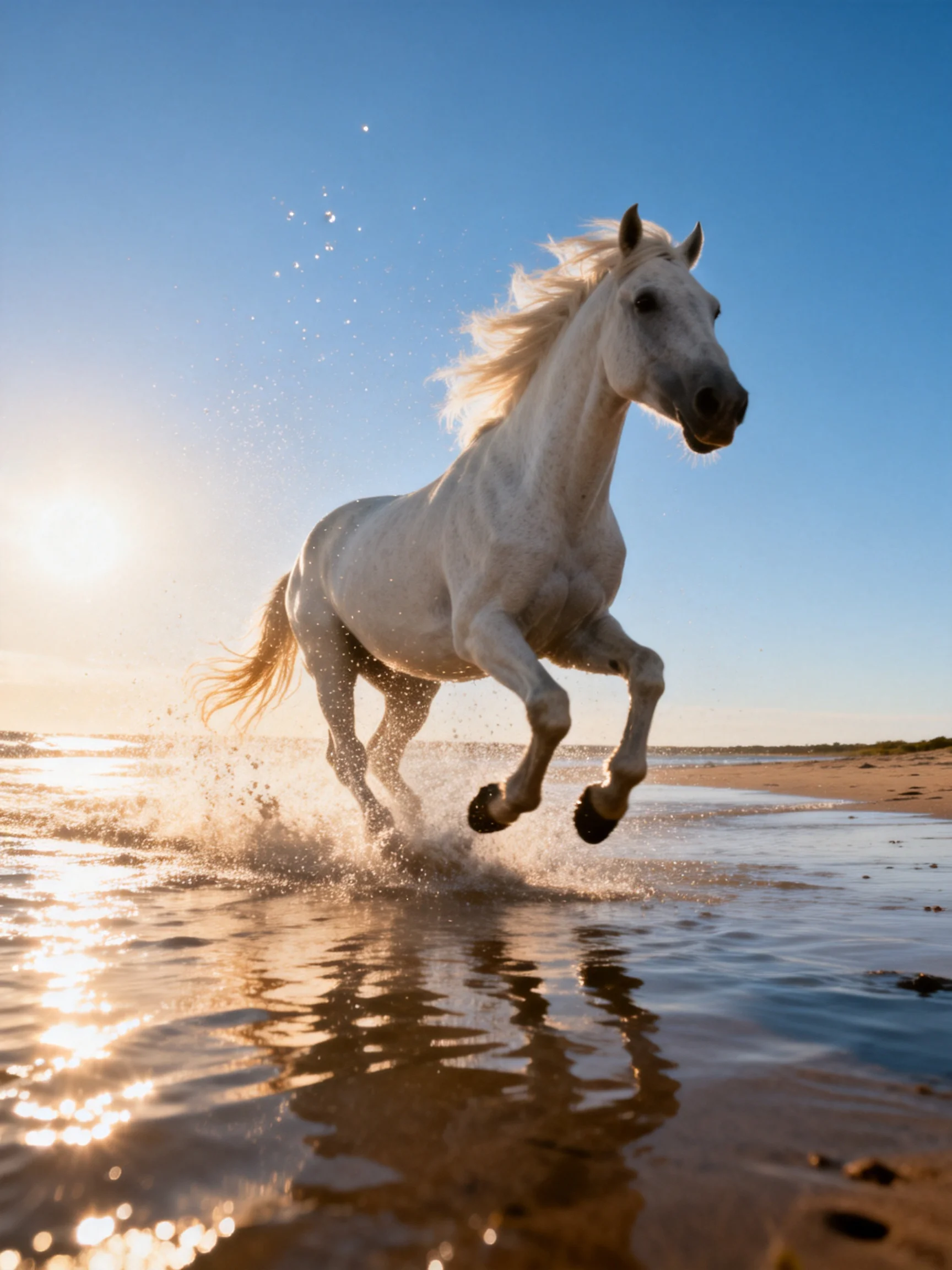 A white horse galloping through ocean waves on a sunlit beach