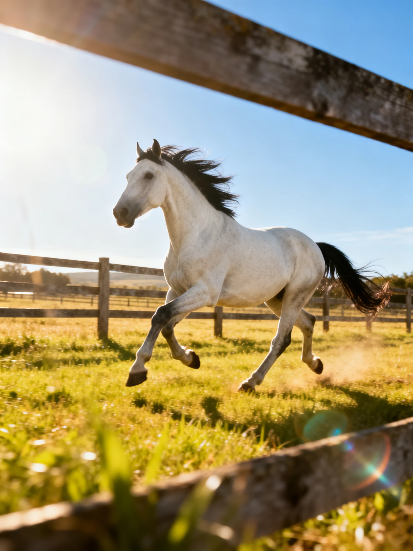 A white horse gallops in a sunlit fenced pasture