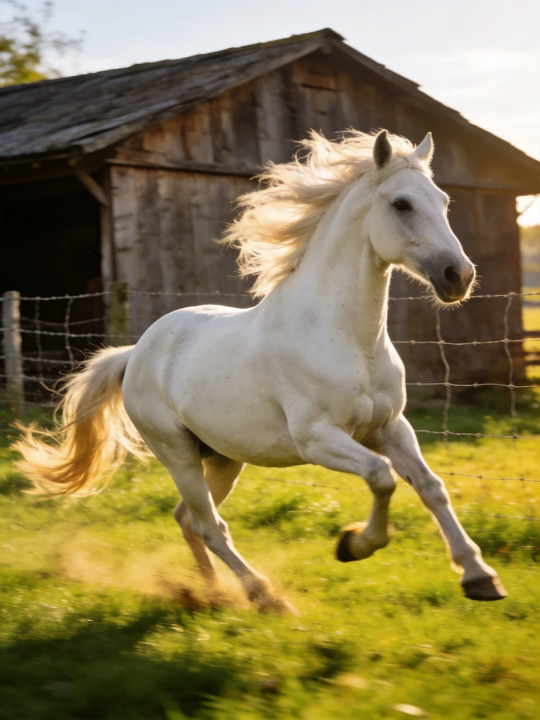 A white horse gallops near a weathered wooden barn in golden sunlight