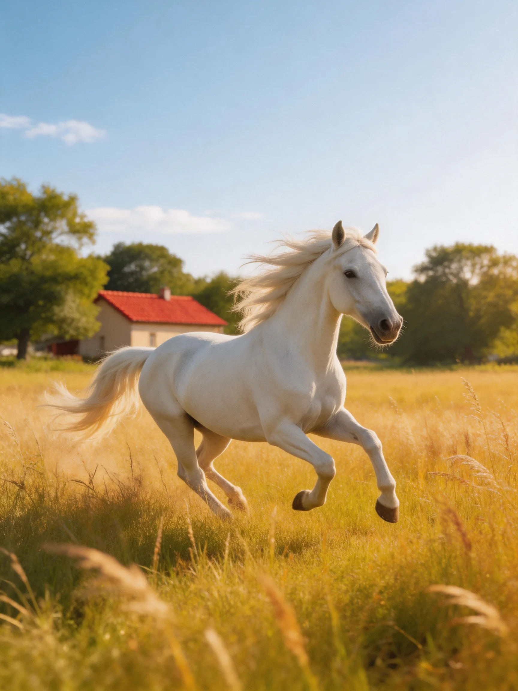 A white horse runs energetically through a golden field with a red-roofed house nearby.