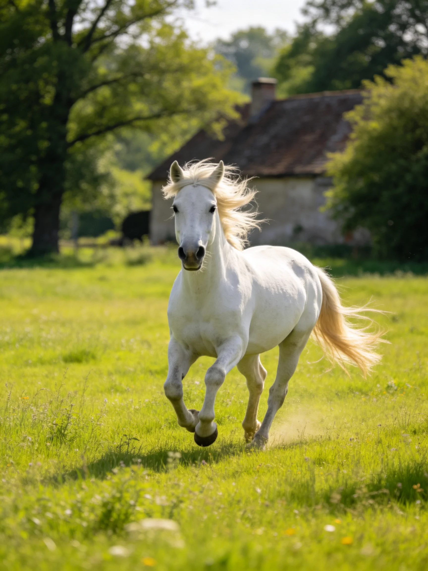 A white horse gallops energetically through a sunlit green pasture with an old stone building nearby.