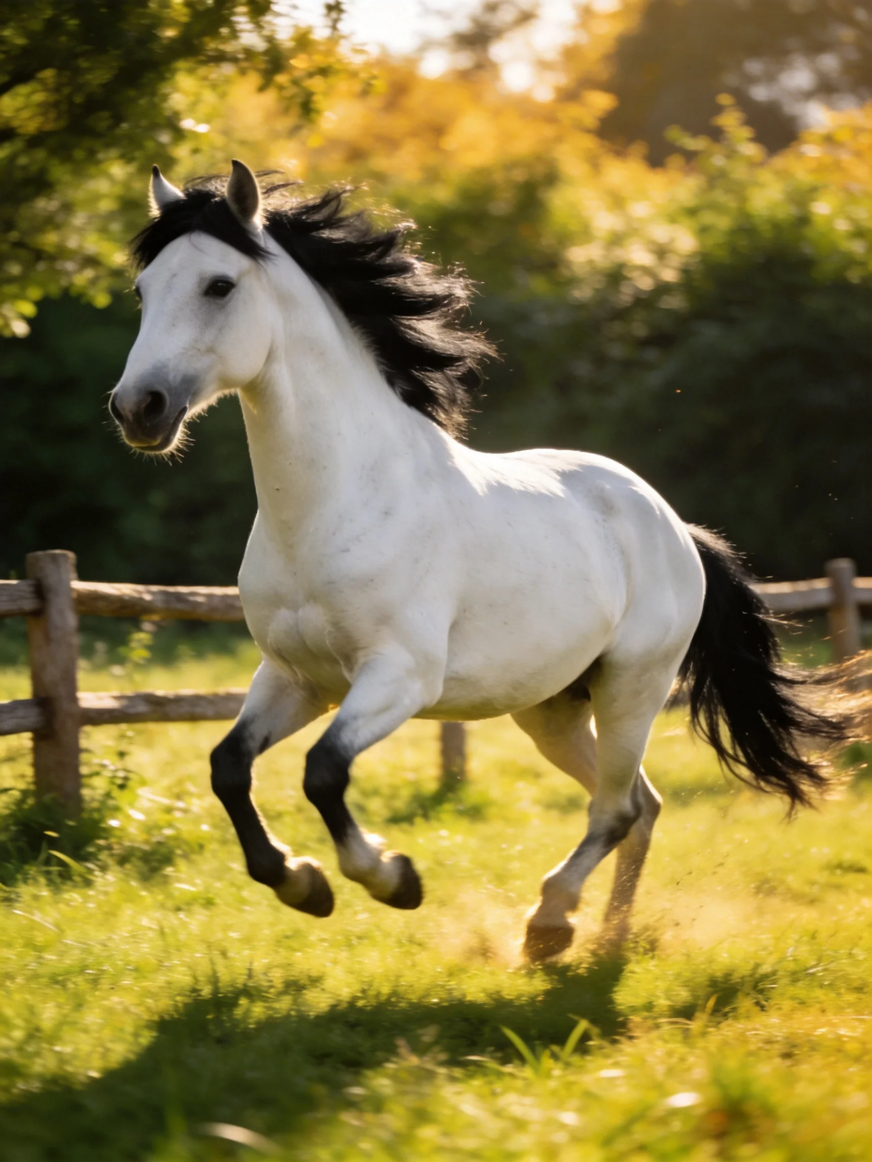 White horse gallops in sunlit green pasture with wooden fence