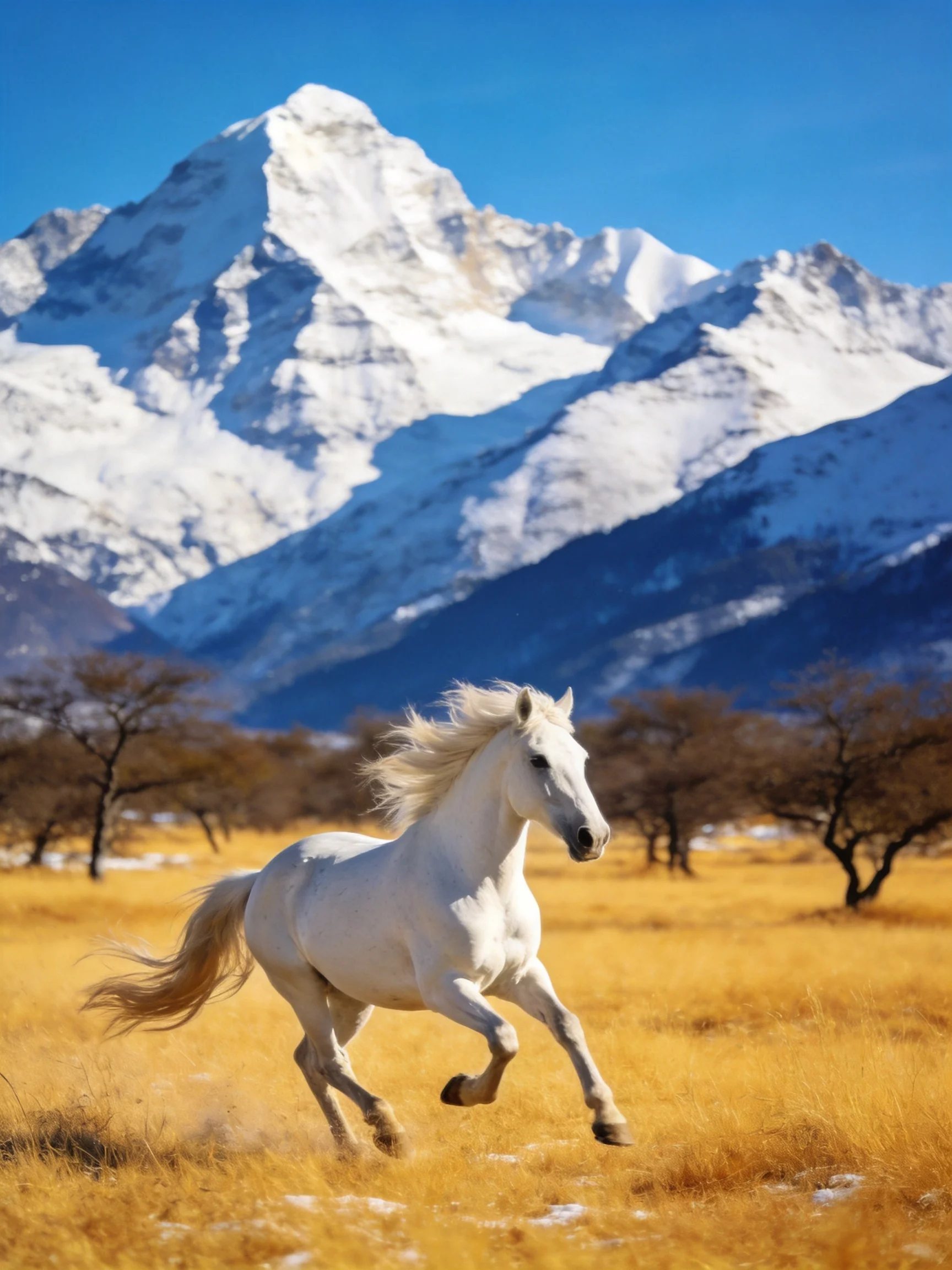 A white horse runs through a golden field with snow-capped mountains in the background.