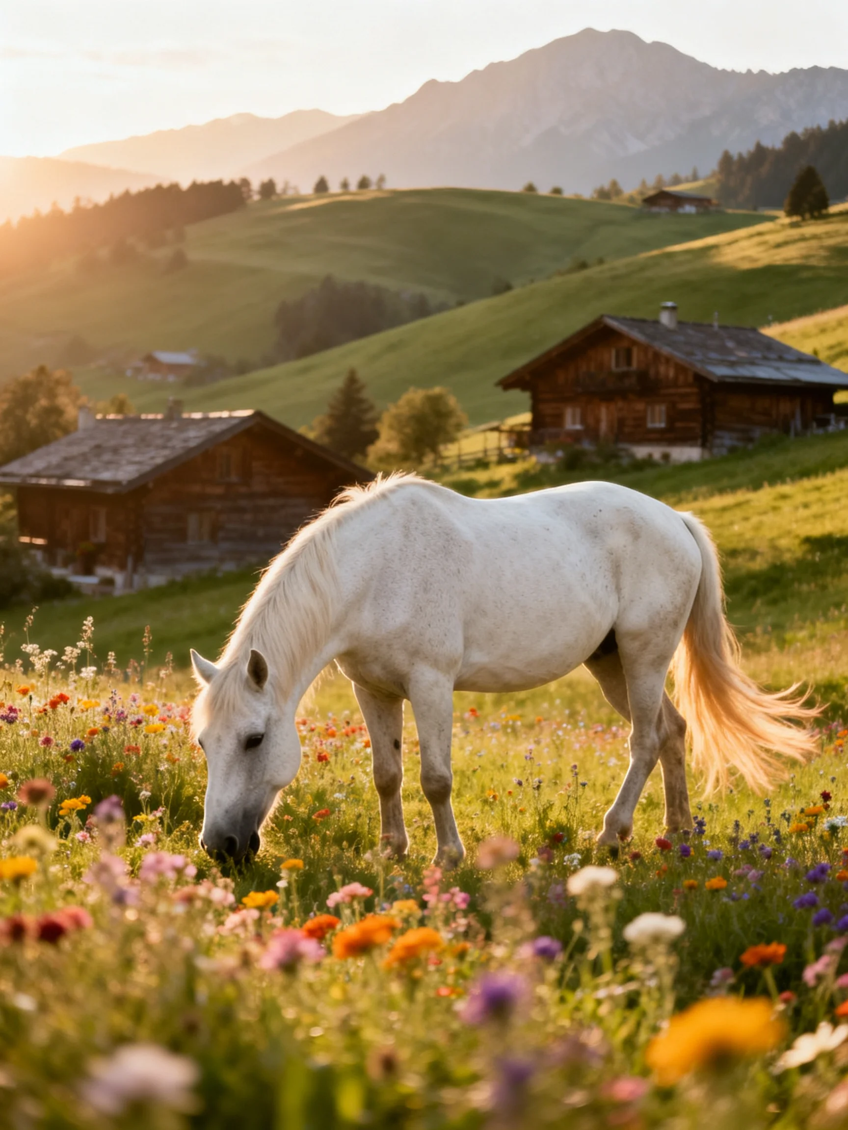 A white horse feeds in a flower-filled meadow beside wooden cabins