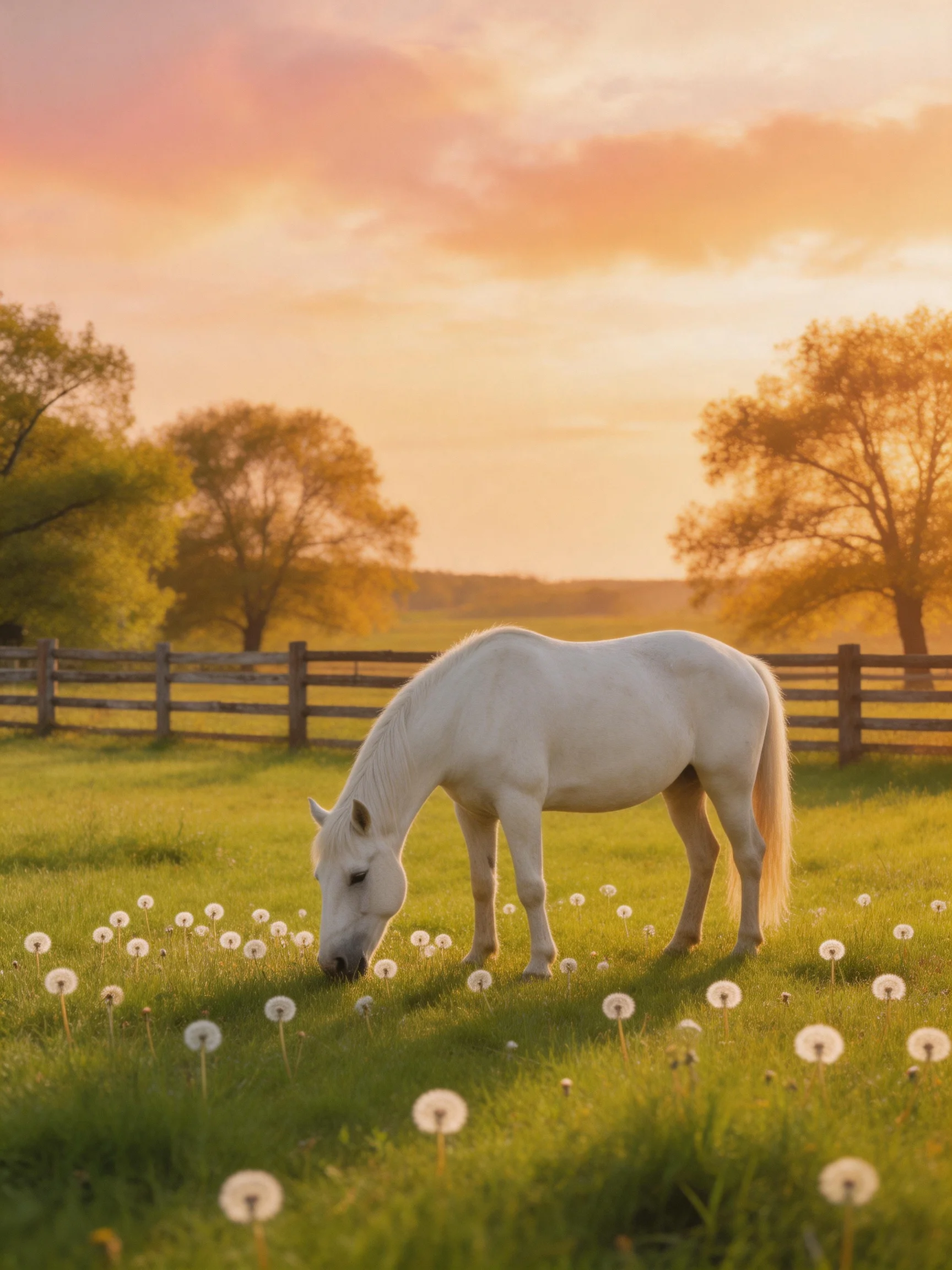 A white horse grazes among dandelions in a golden meadow at sunset