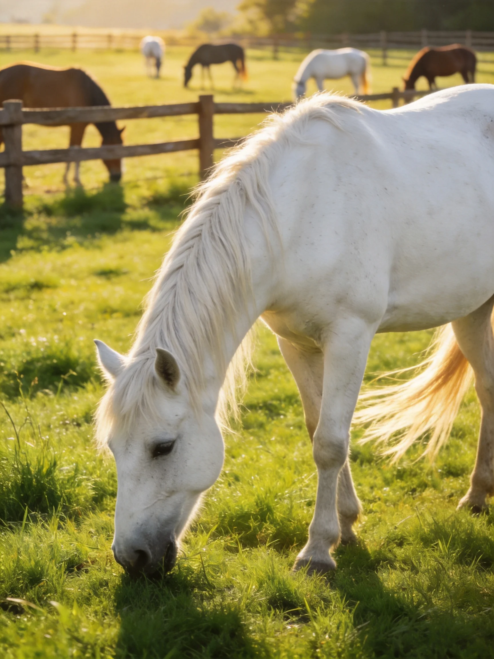 A white horse feeds in a sunlit pasture with other horses nearby