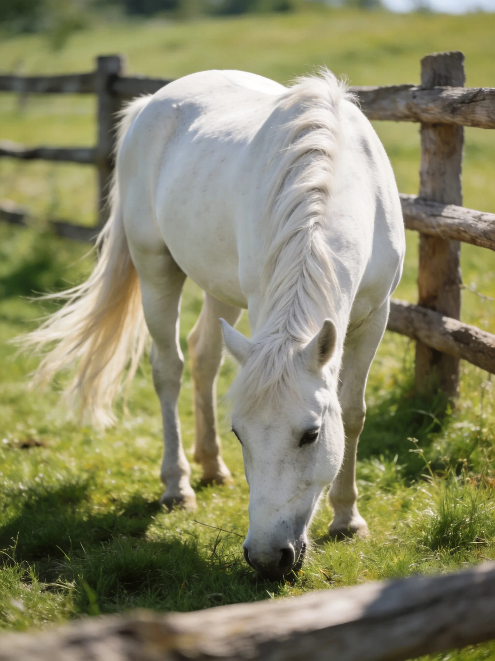 A white horse grazes beside a weathered wooden fence in a lush green pasture