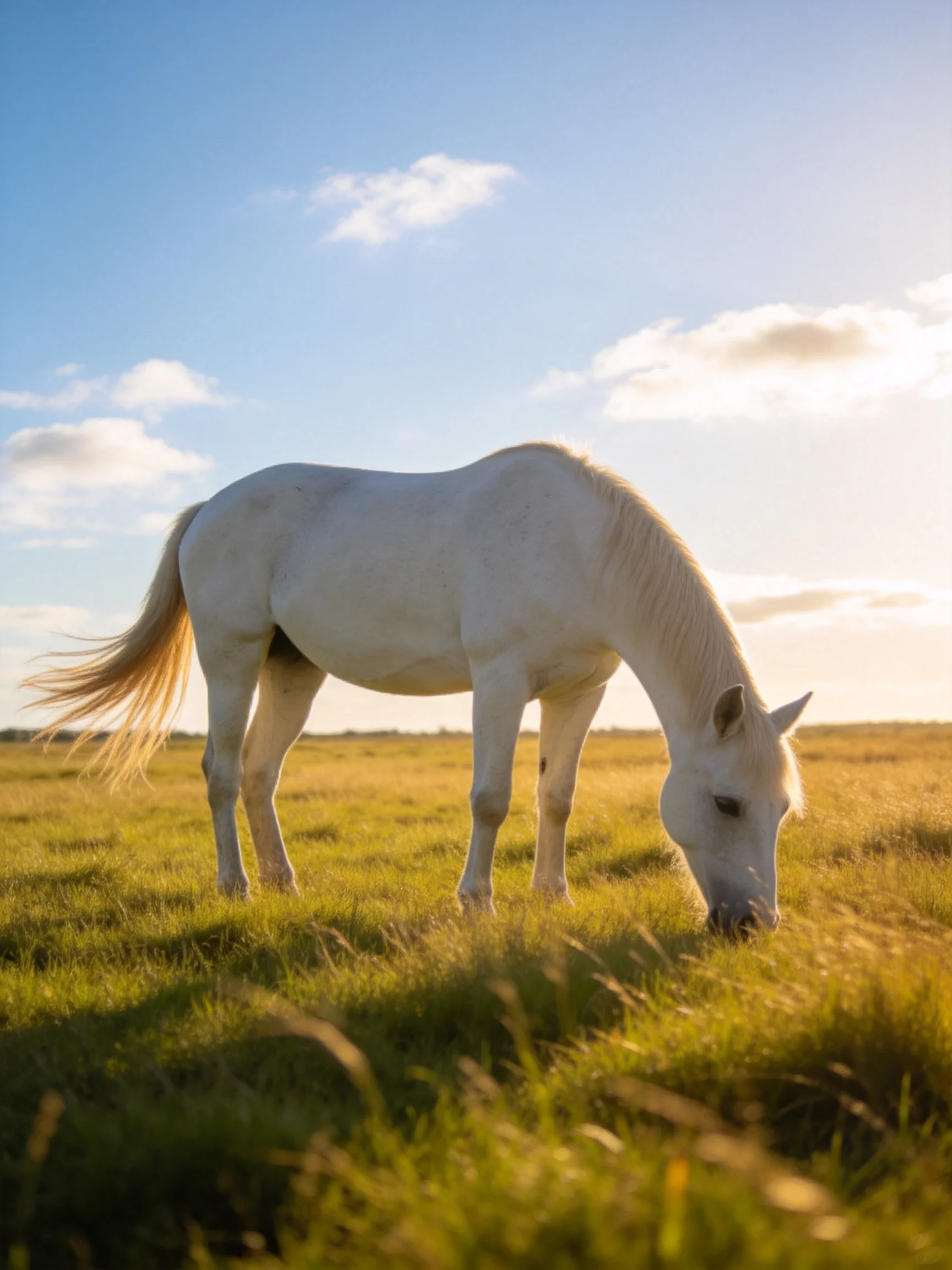 A white horse grazes in a golden-green meadow under bright blue skies