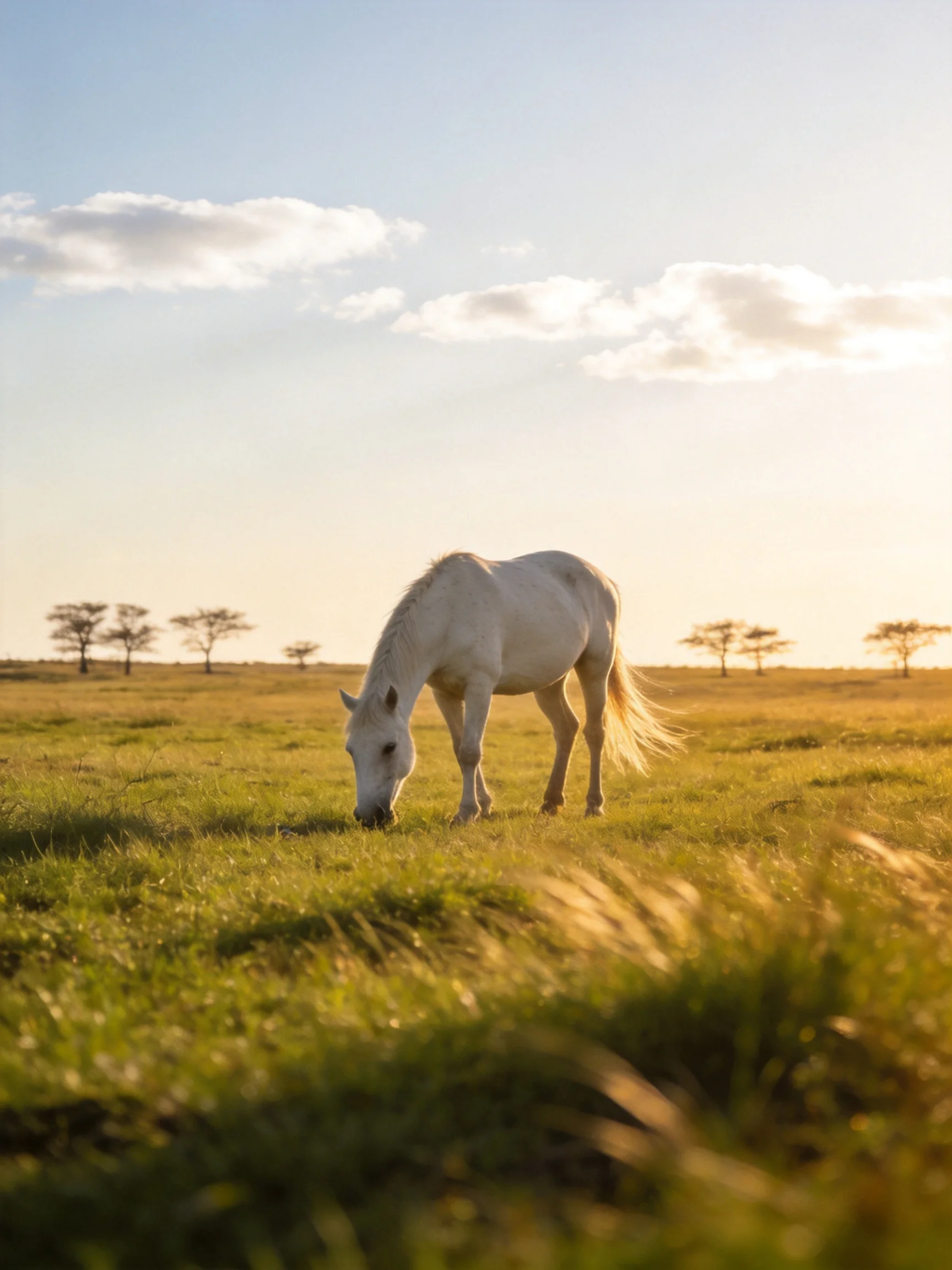 A white horse grazes in a golden-lit open field with scattered trees