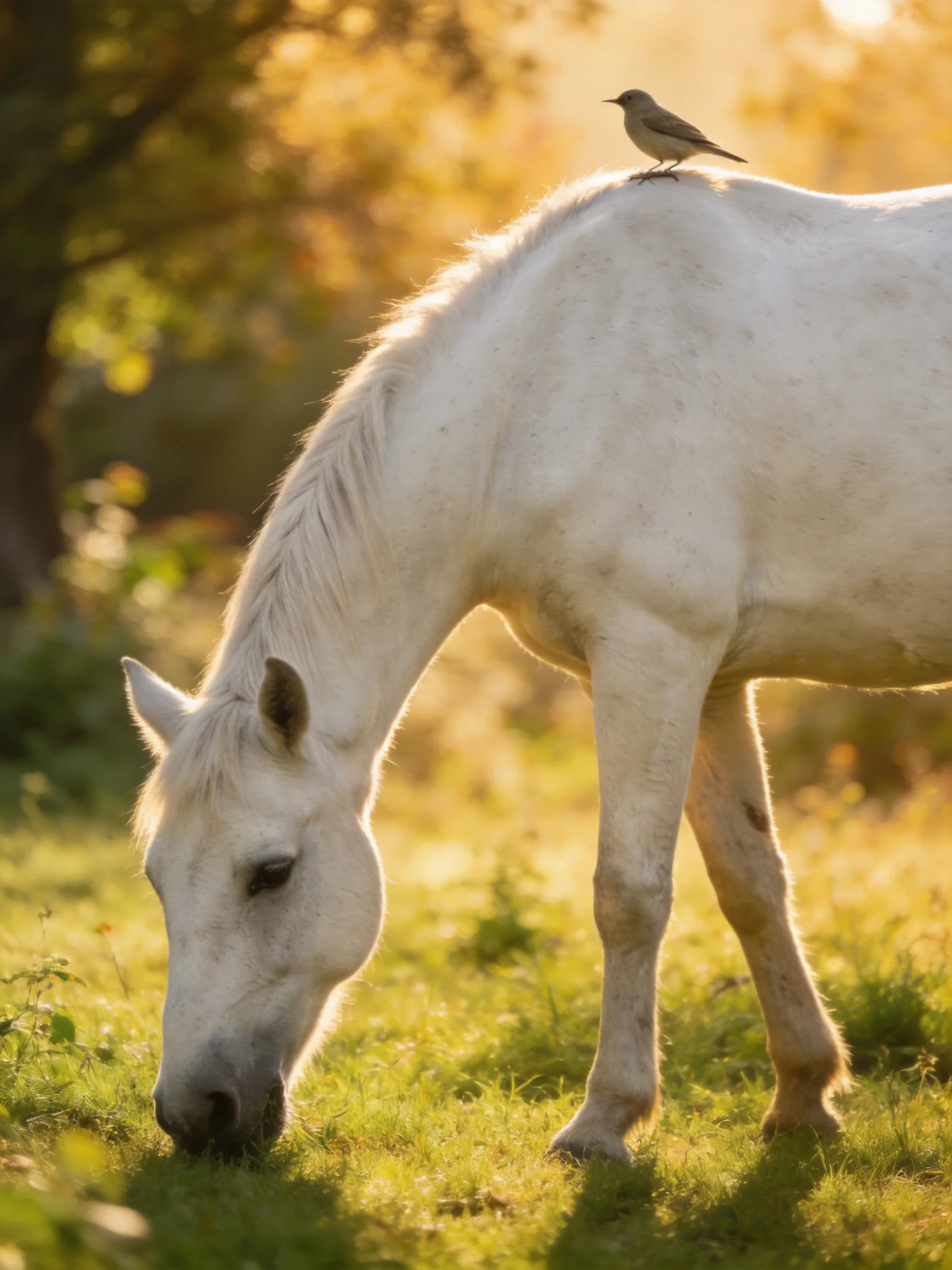 A white horse grazes in a golden meadow with a small gray bird perched on its back