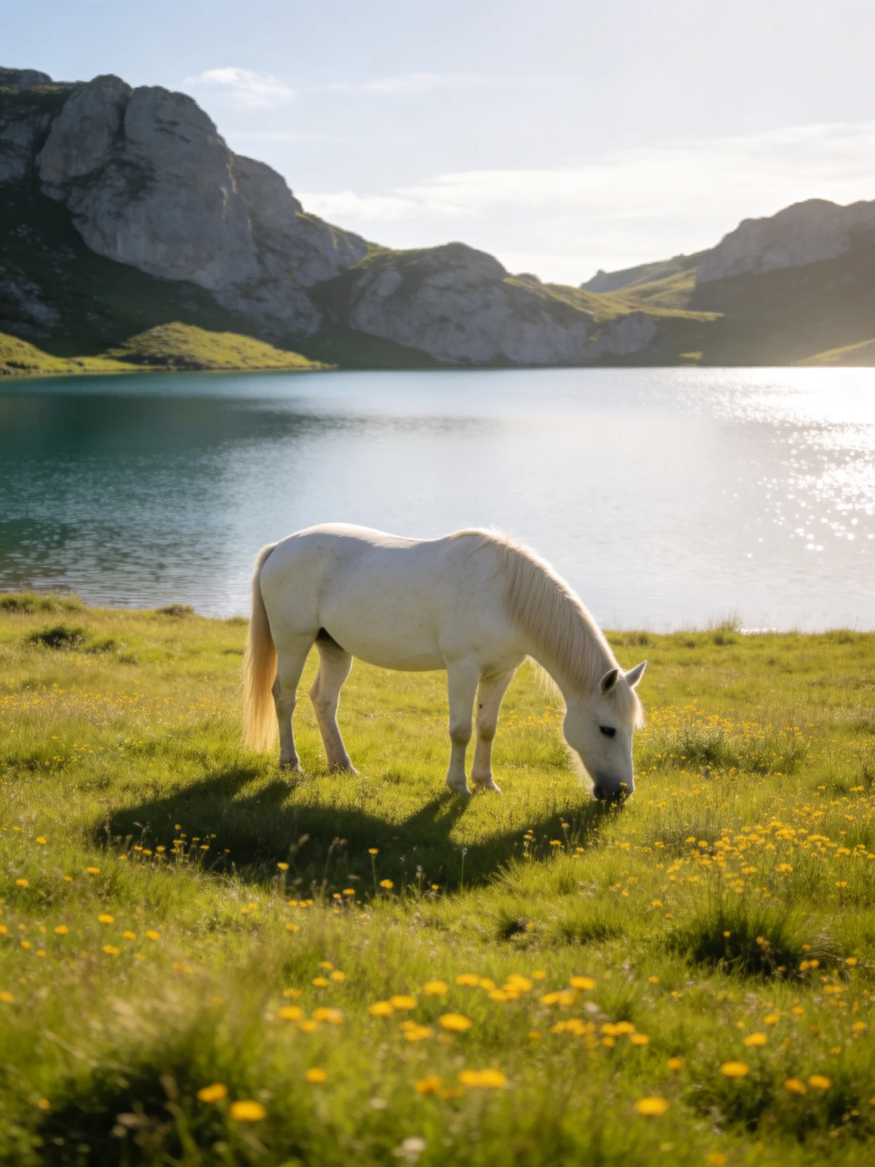 A white horse grazes in a green meadow by a blue lake with rocky hills