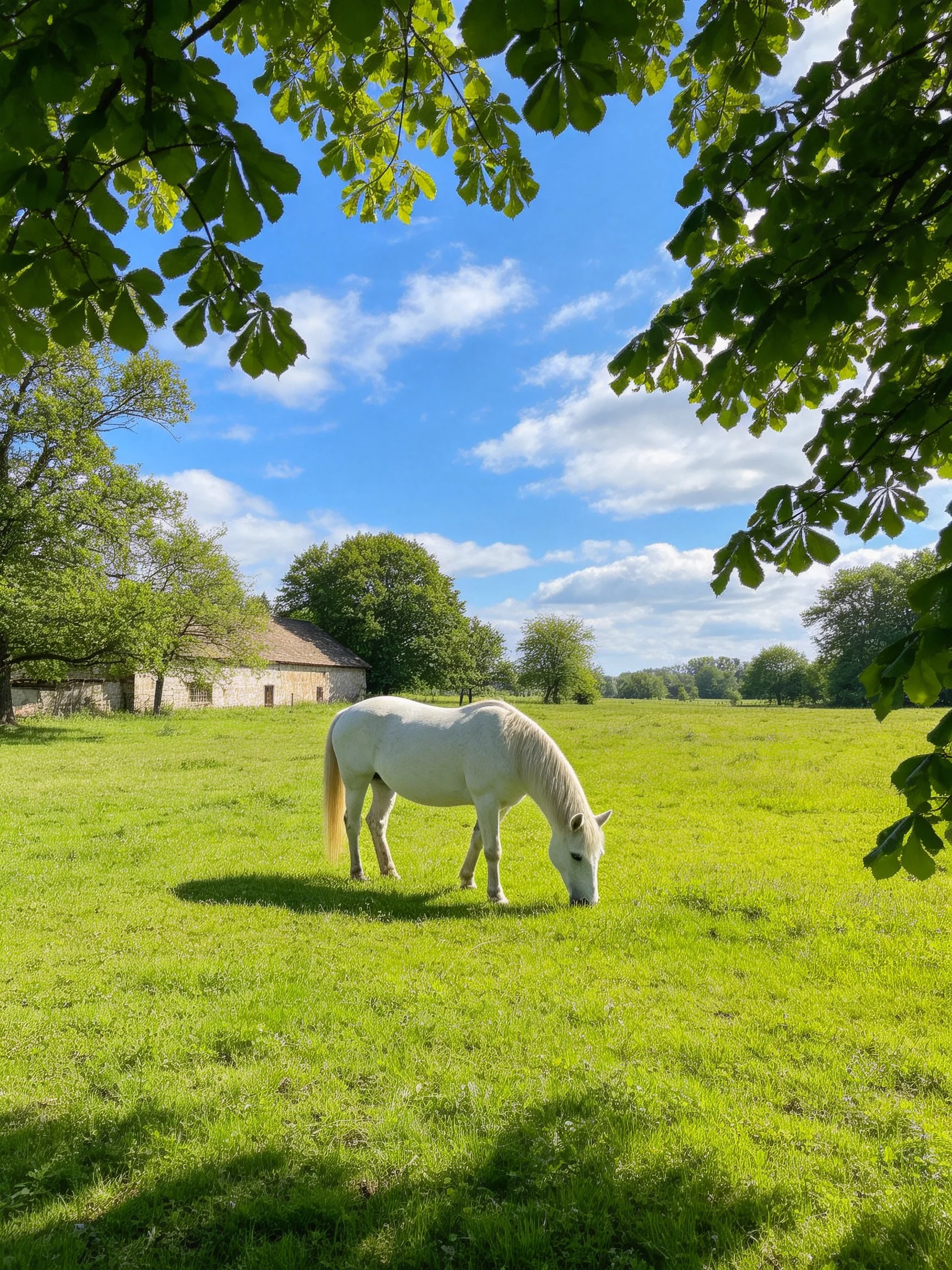 A white horse grazes in a sunny meadow with an old stone barn nearby.