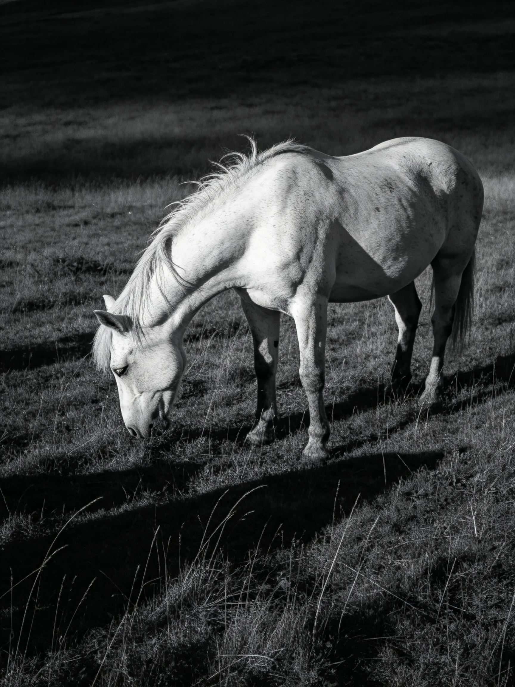 A white horse grazes in a grassy field.