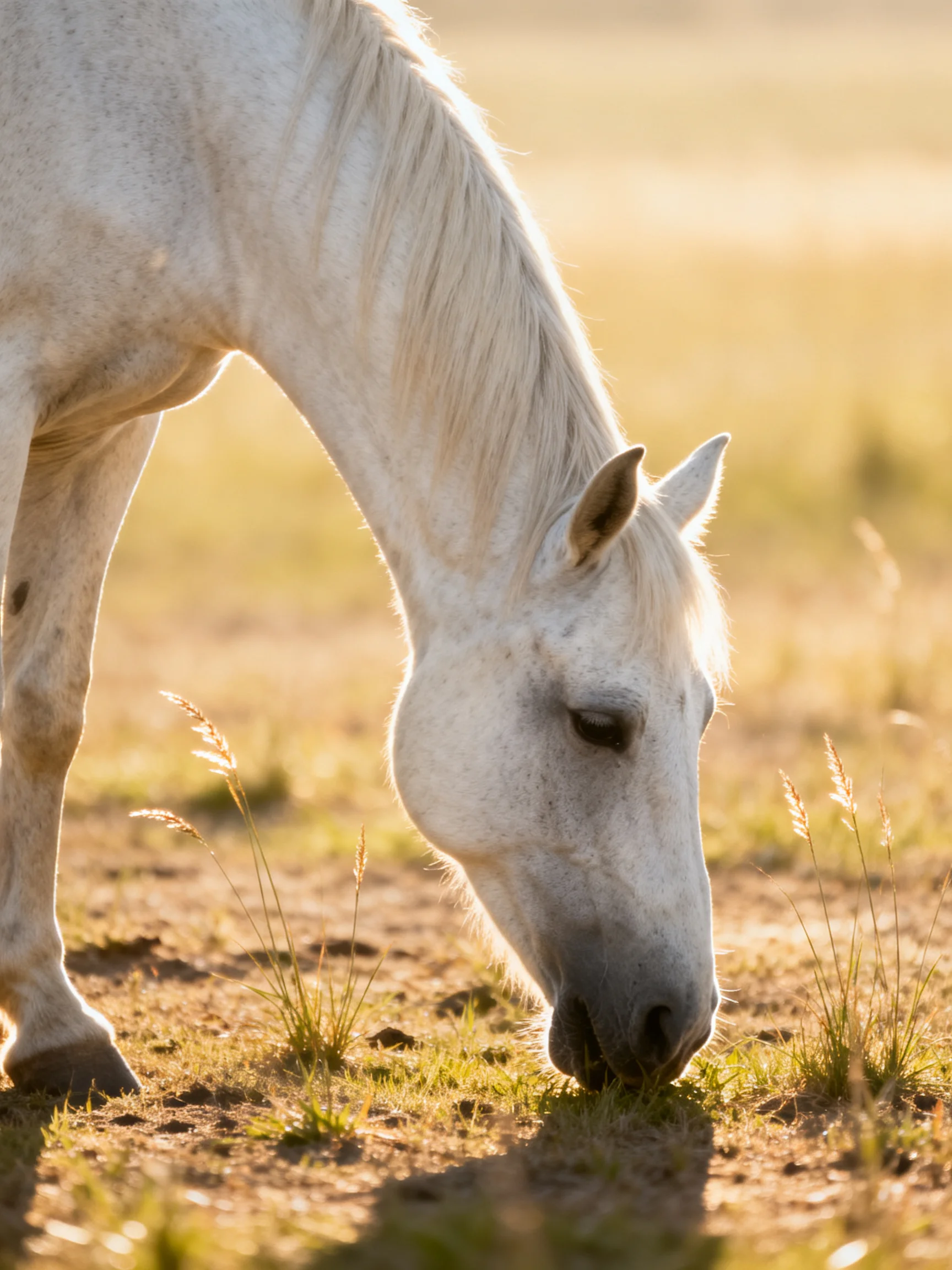 A white horse grazes in a sun-drenched golden field