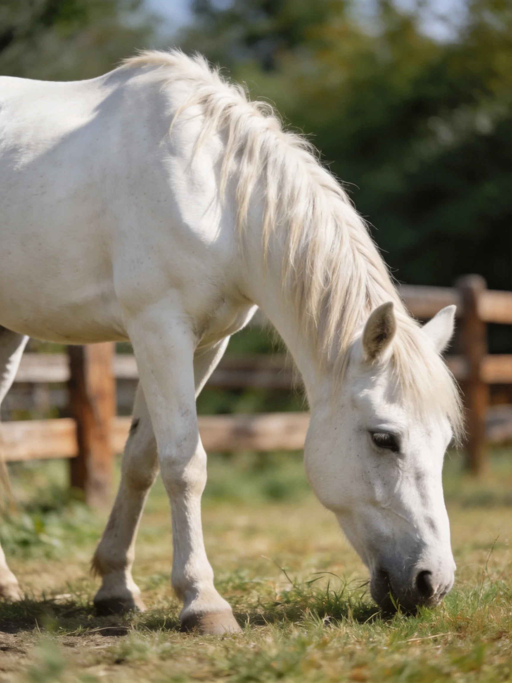 A white horse grazes in a sunlit fenced pasture