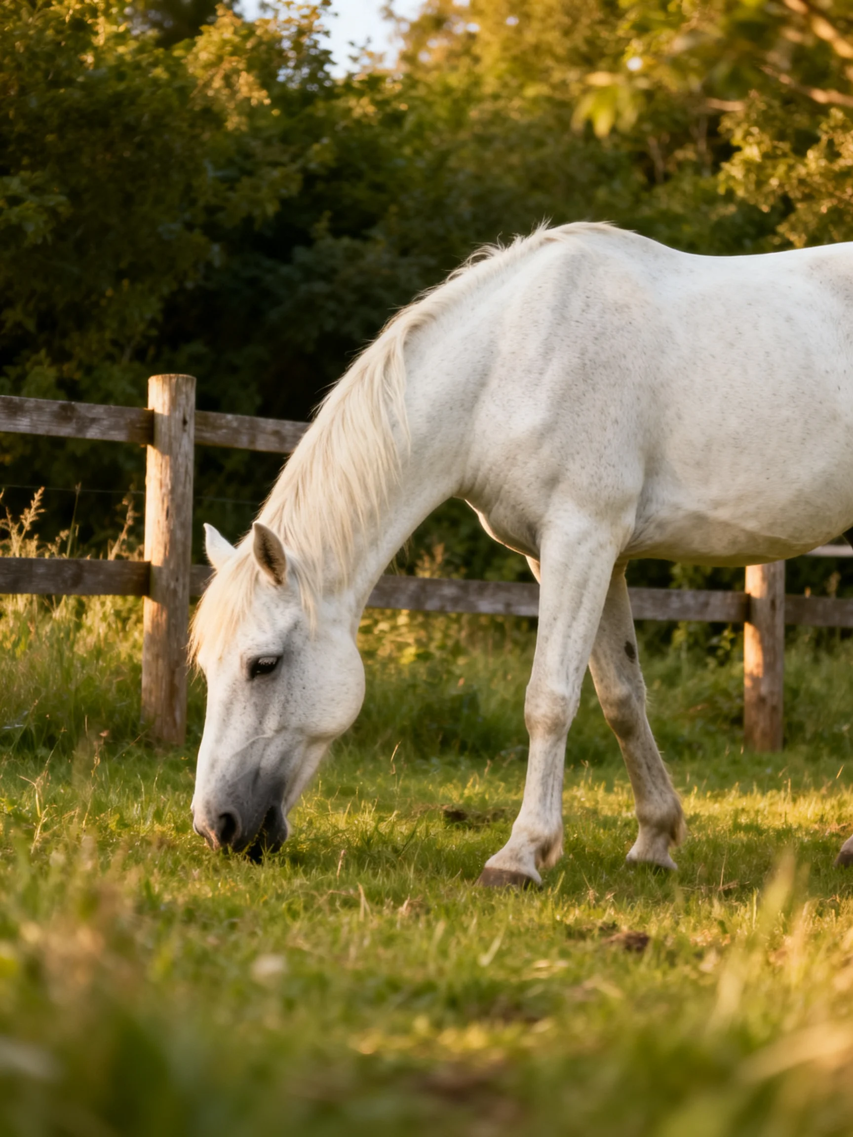 A white horse grazes in a sunlit fenced pasture