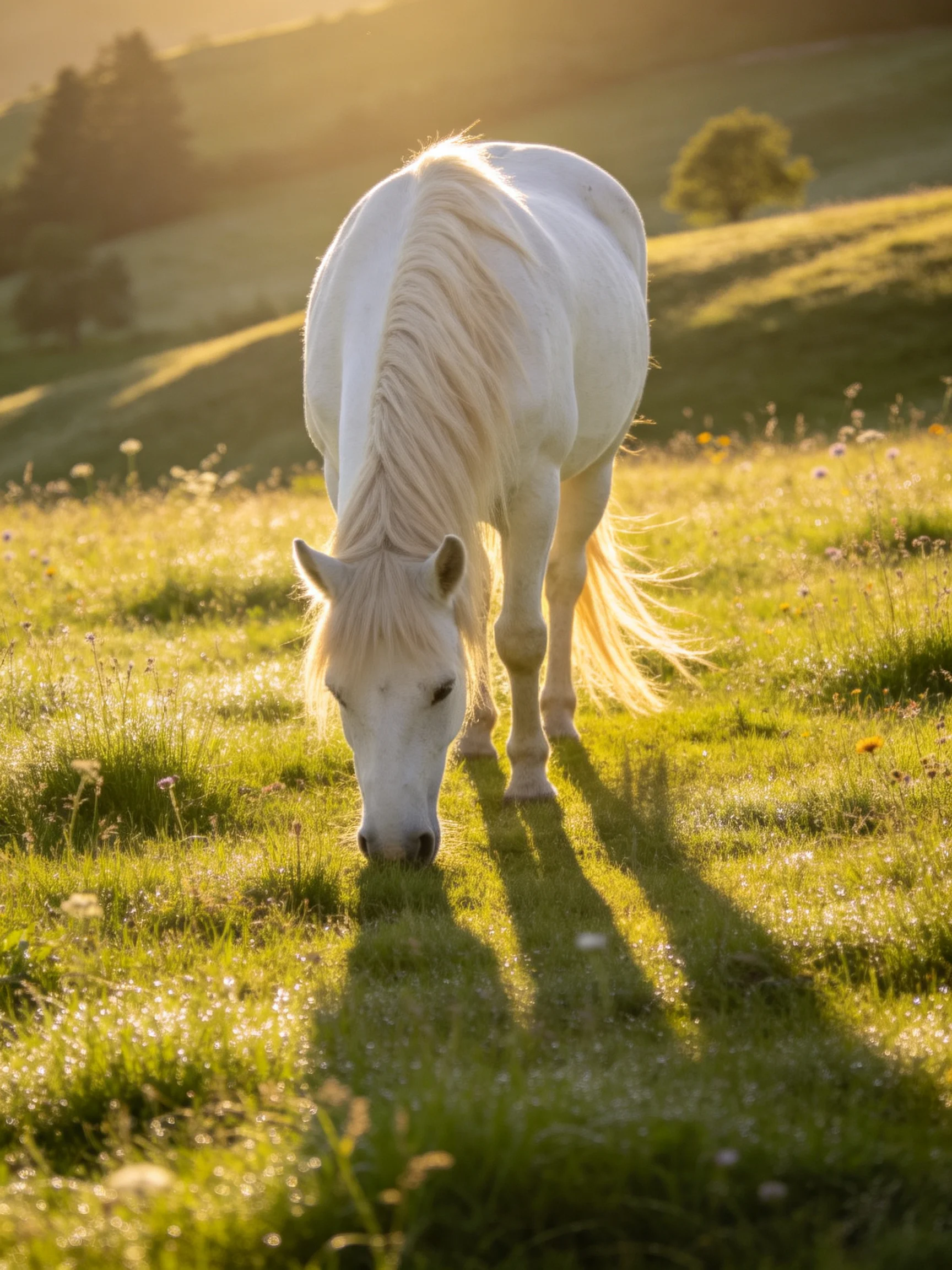 A white horse grazes in a sunlit meadow with wildflowers