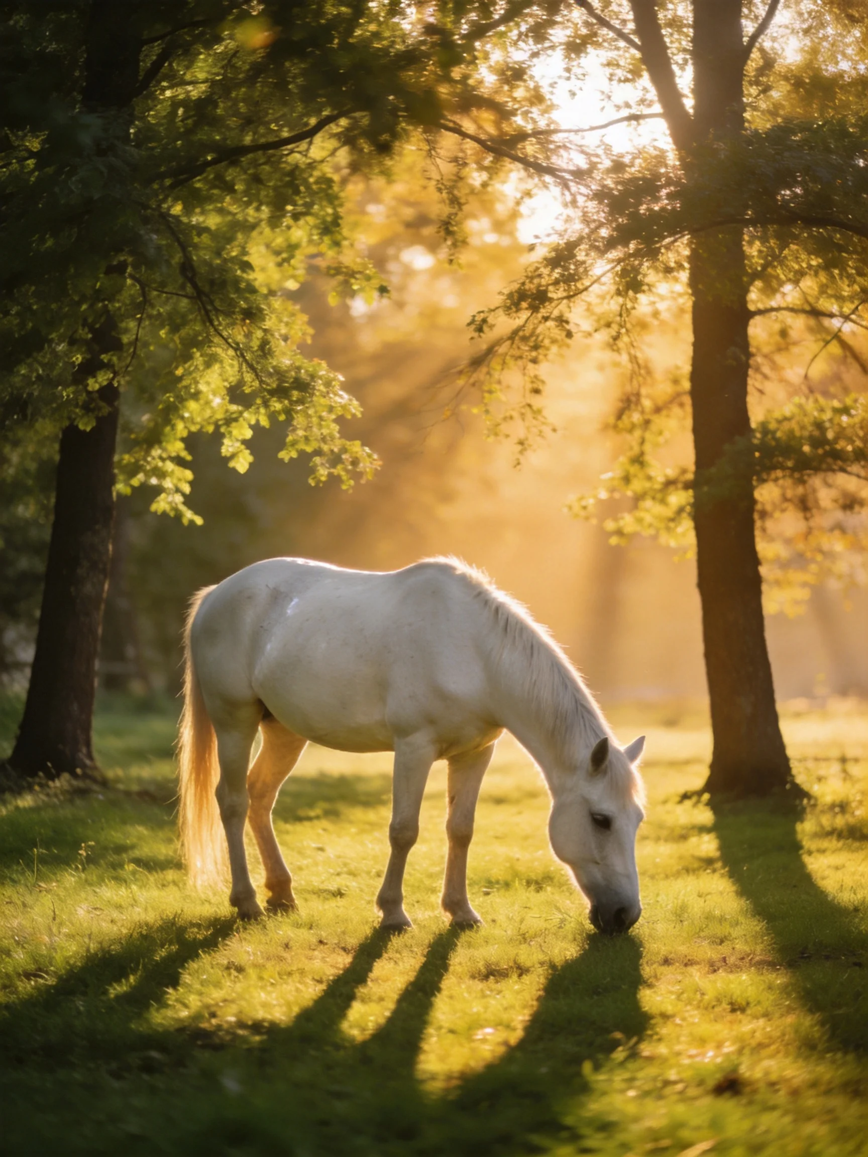 A white horse grazes in a sunlit forest clearing