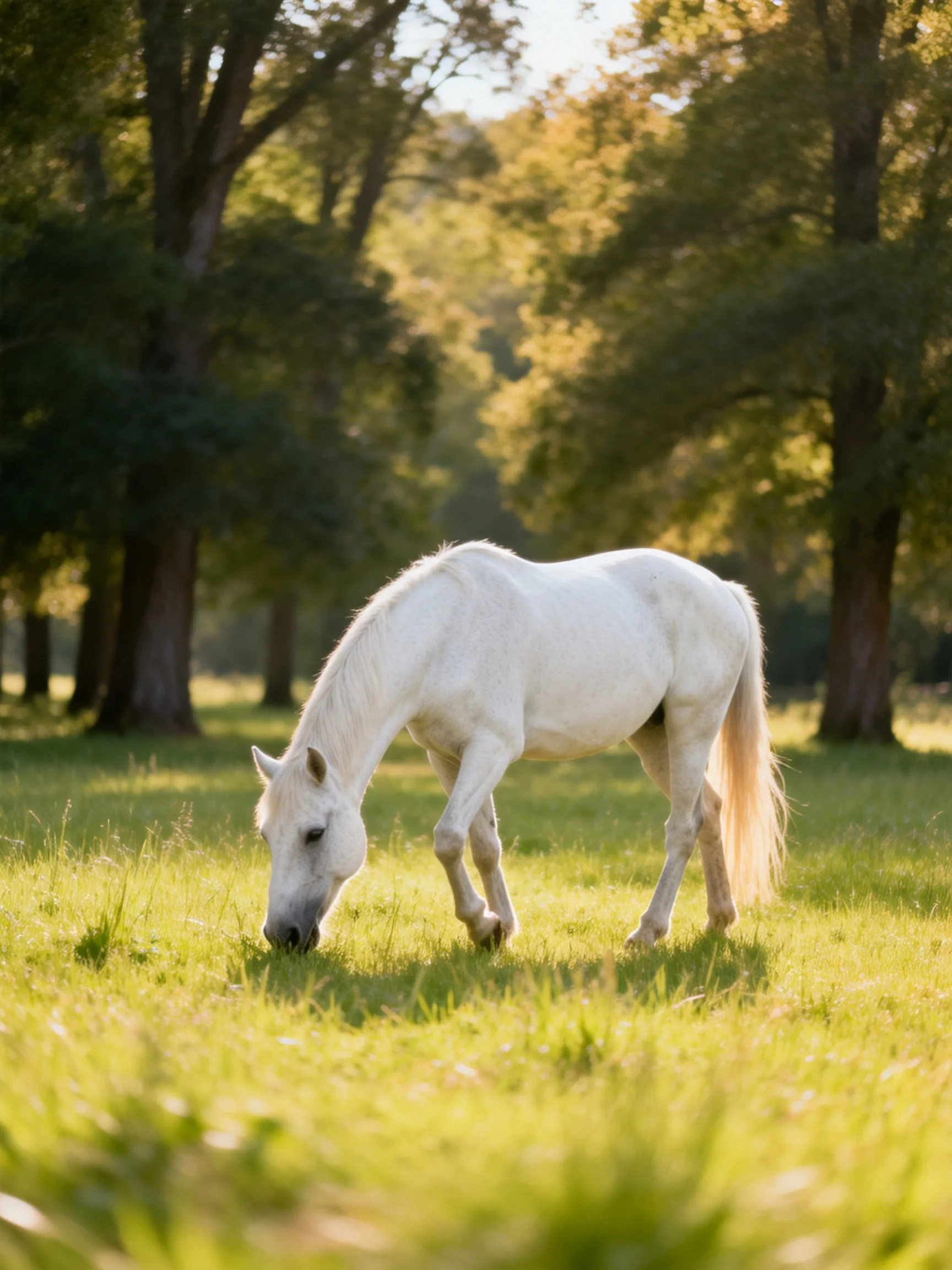 A white horse grazes in a sunlit forest clearing