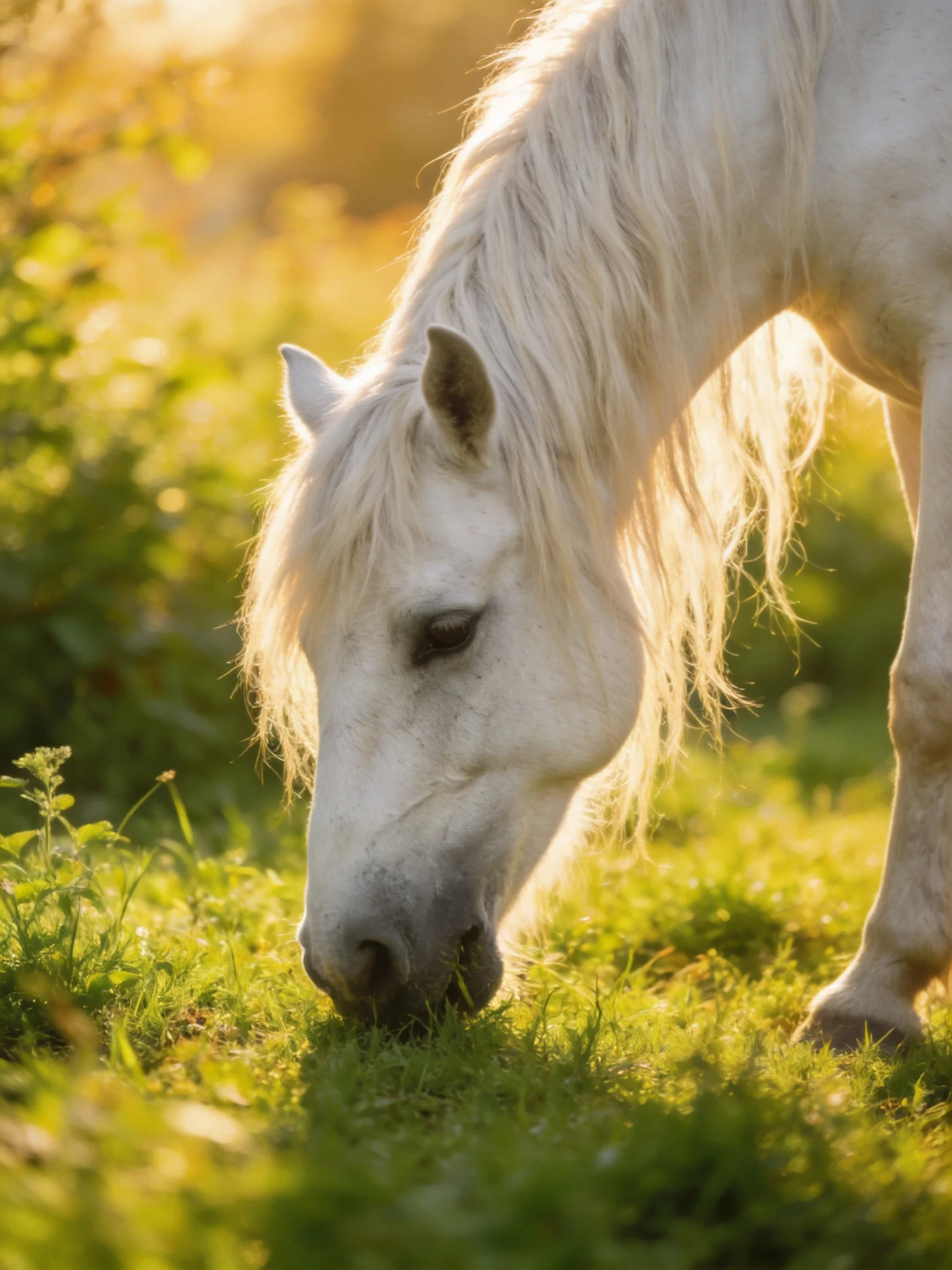 A white horse grazes in a sunlit green meadow