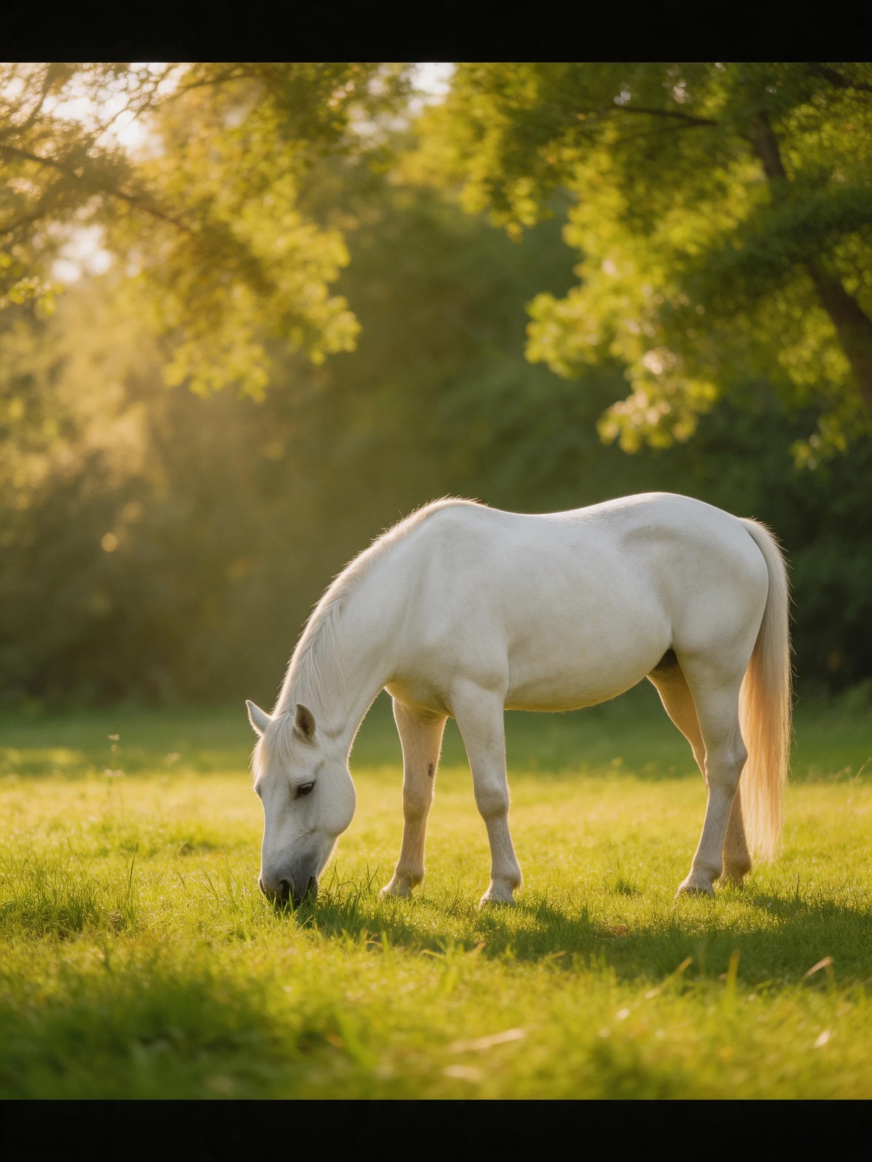A white horse grazes in a sunlit green meadow near leafy trees