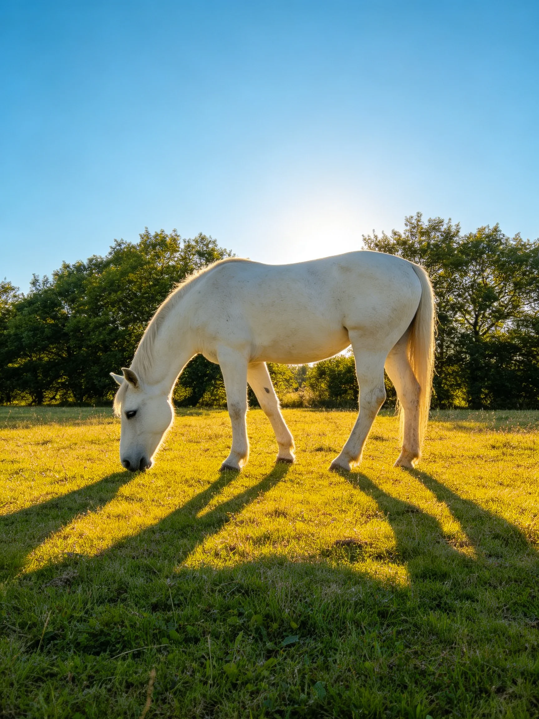 A white horse peacefully grazes in a sunlit meadow with trees in the distance.