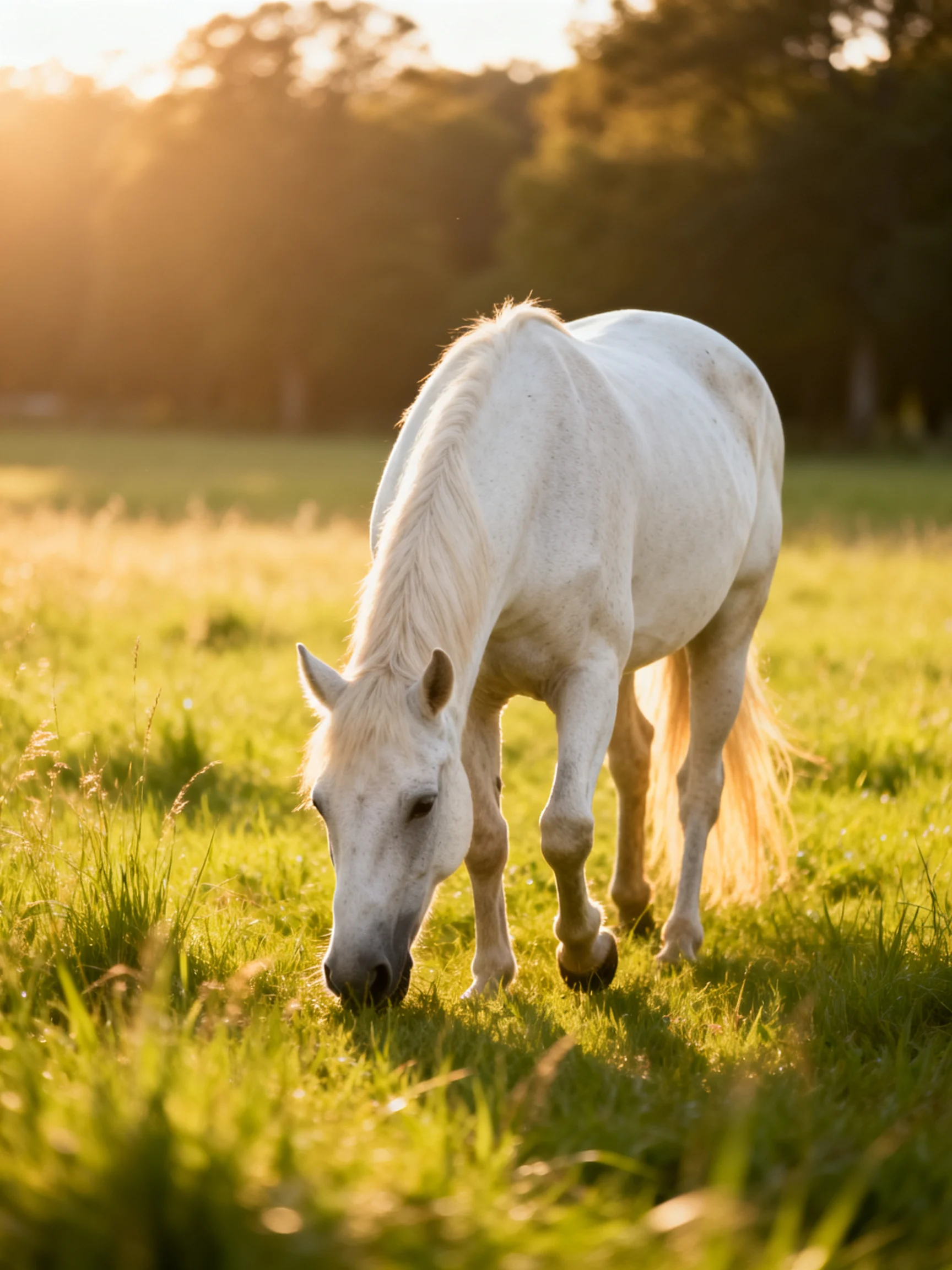 A white horse grazes in a sunlit green meadow near trees
