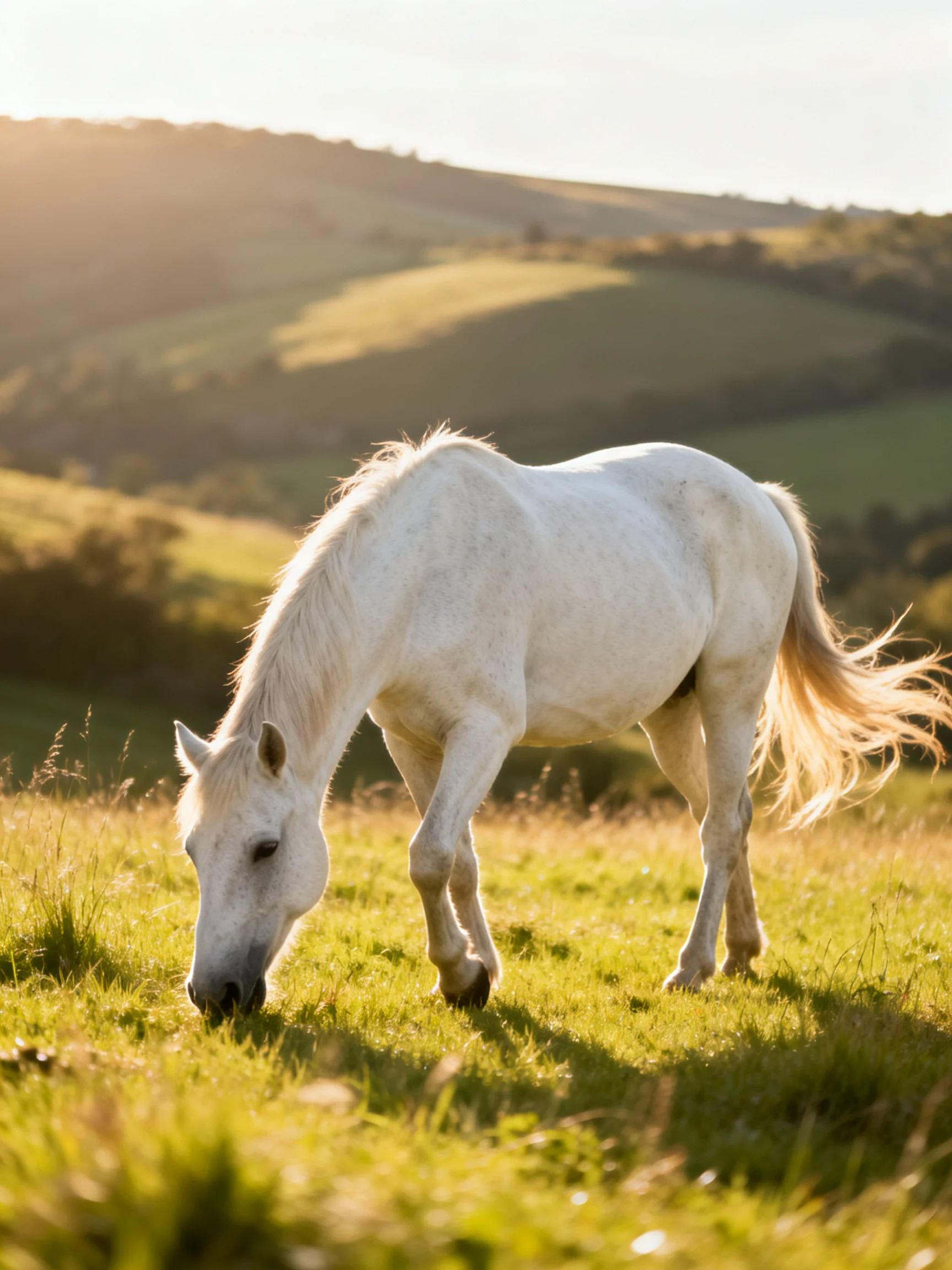 A white horse grazes in a sunlit green meadow with rolling hills