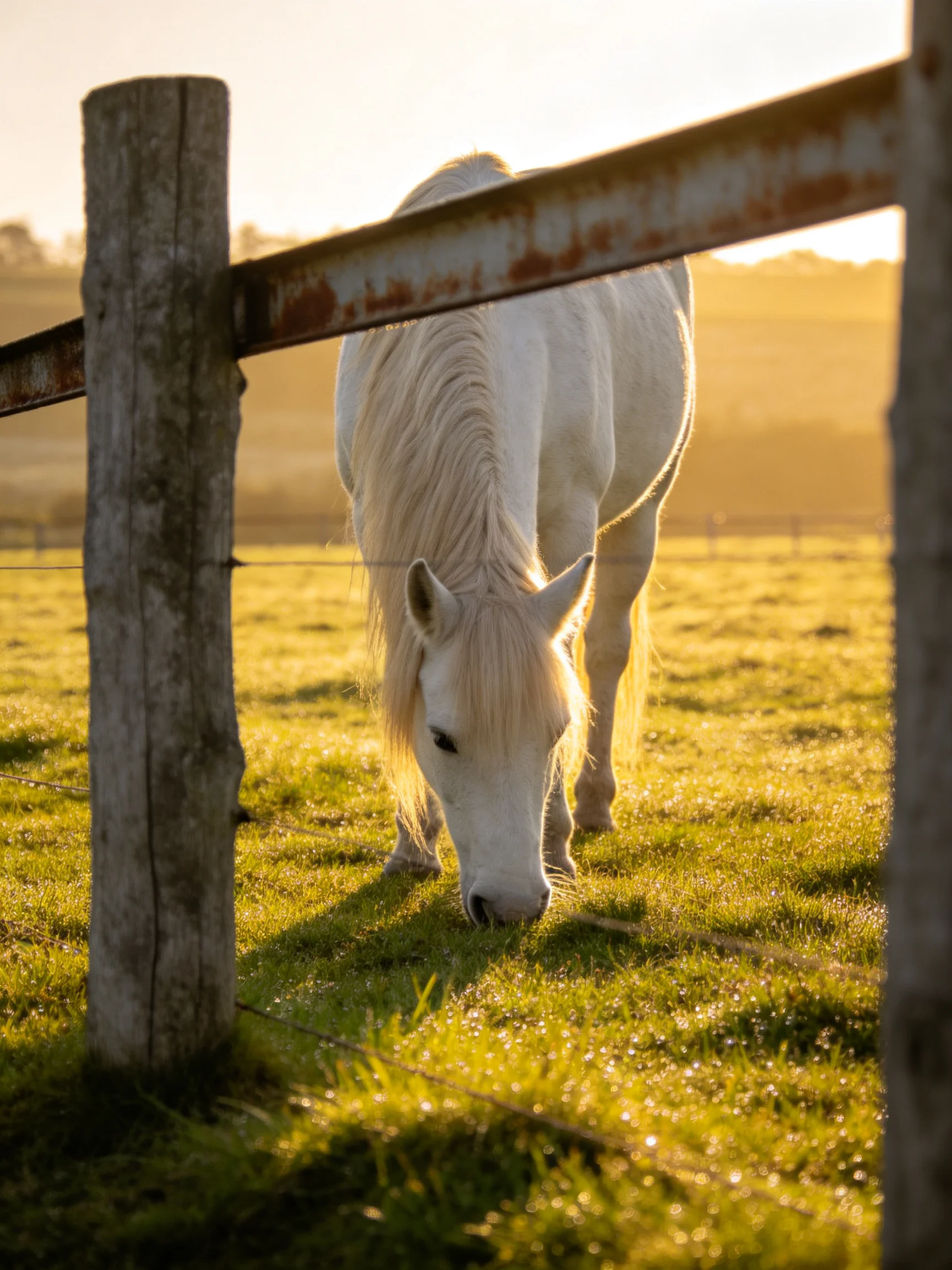 A white horse grazes in a sunlit pasture near a wooden fence