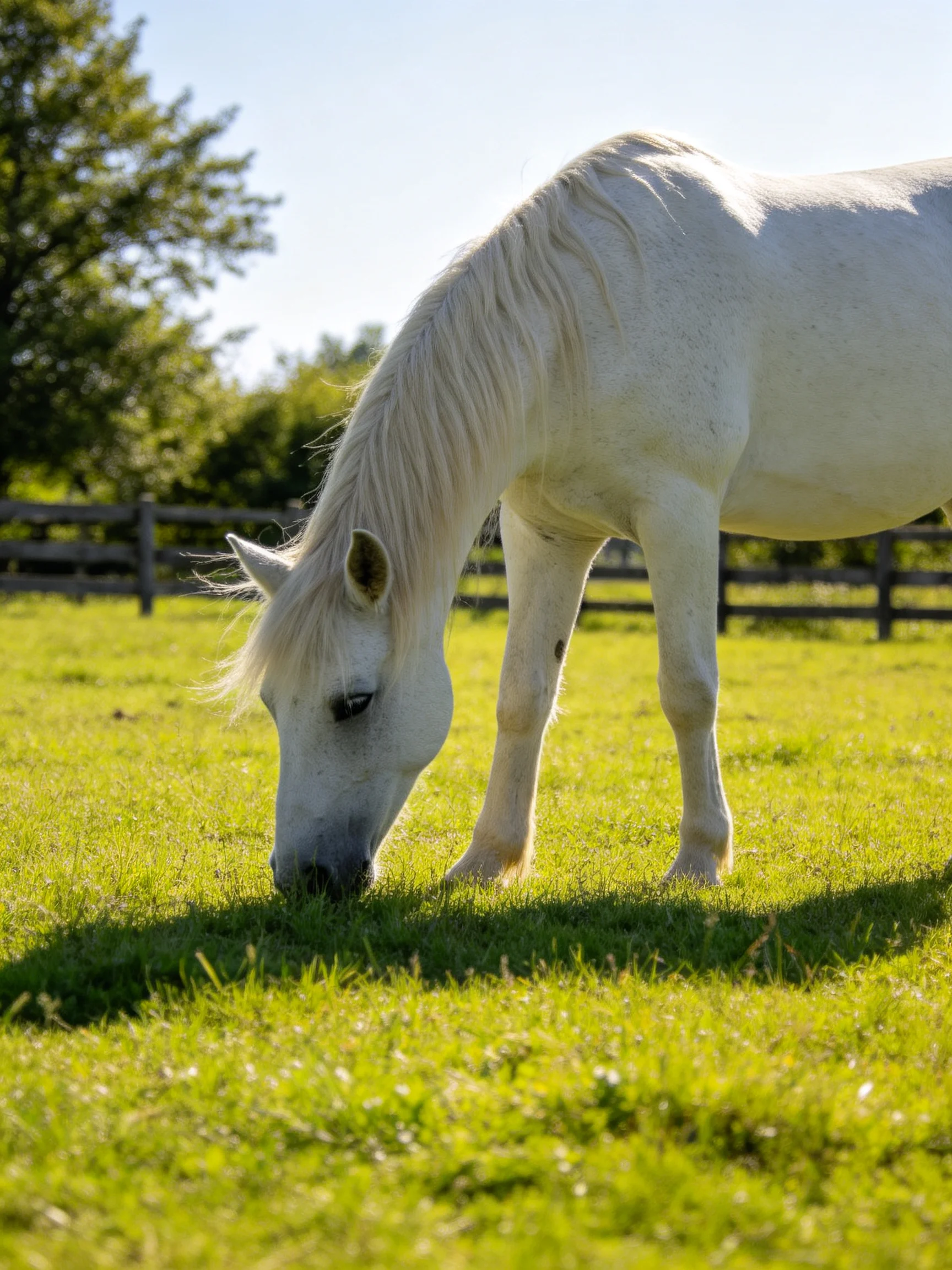 A white horse grazes in a sunlit green pasture.