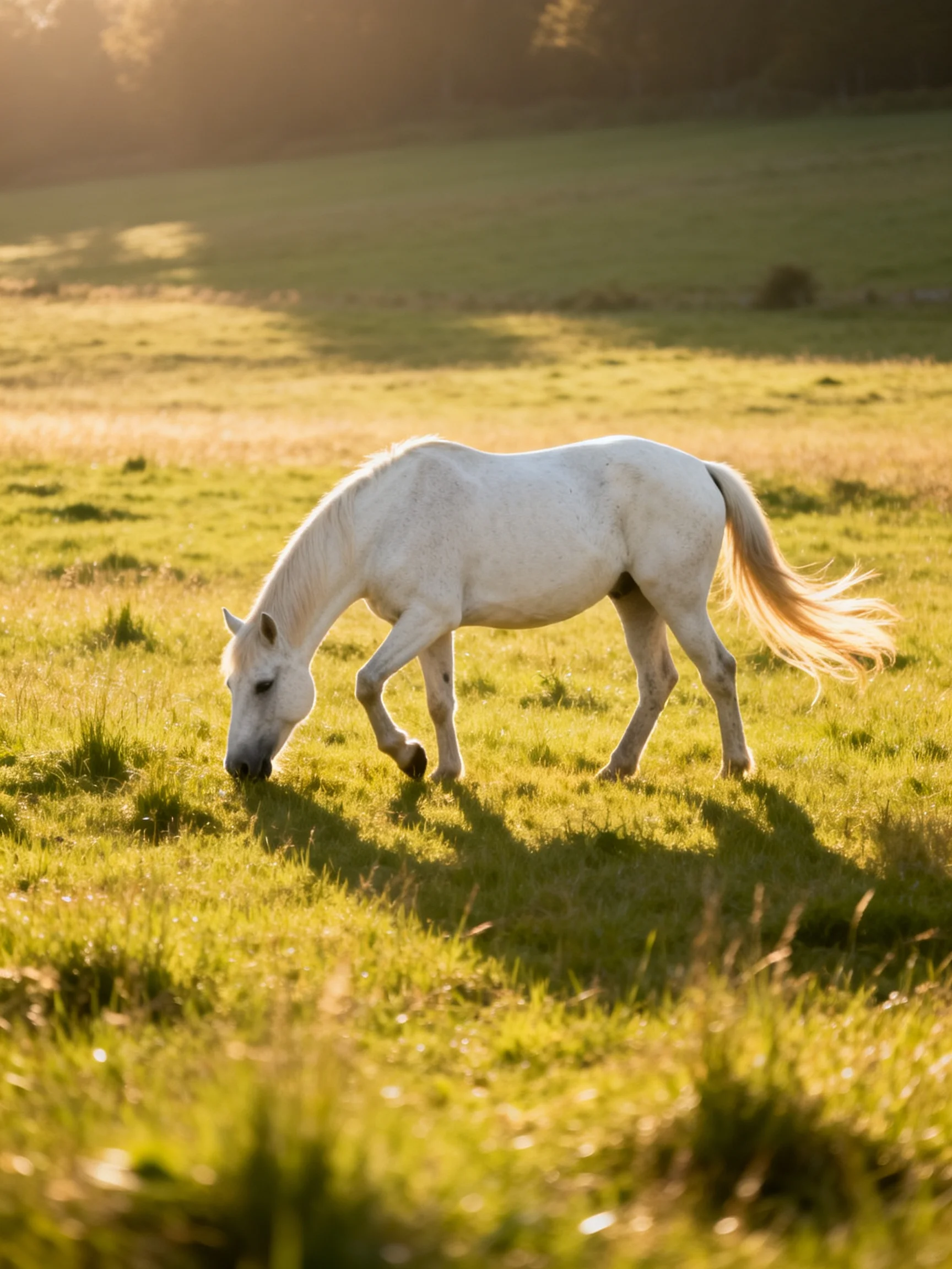 A white horse grazes in a sunlit green pasture with goldenlight