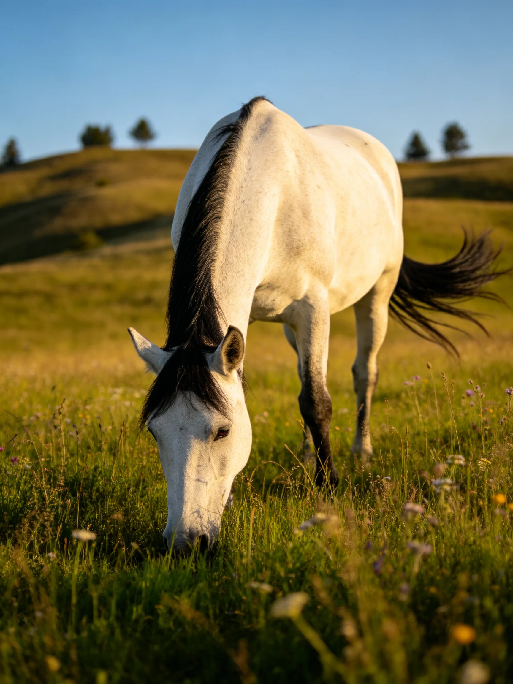 A white horse grazes in a sunlit meadow with rolling green hills
