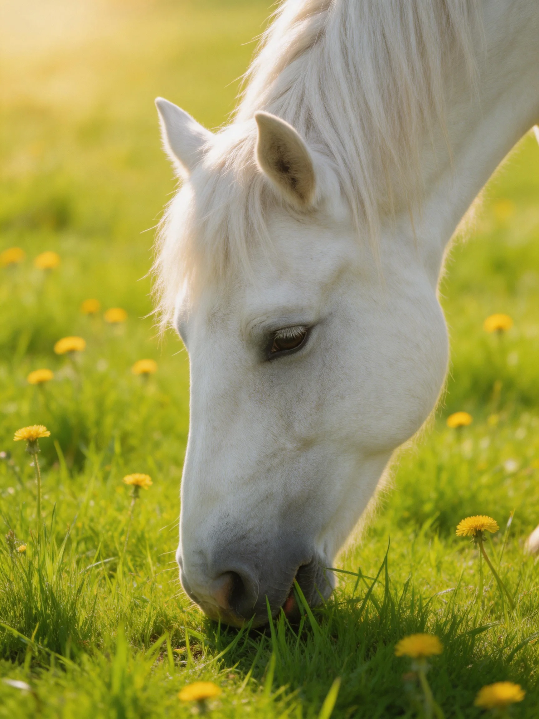 A white horse grazes in a sunlit meadow with yellow wildflowers