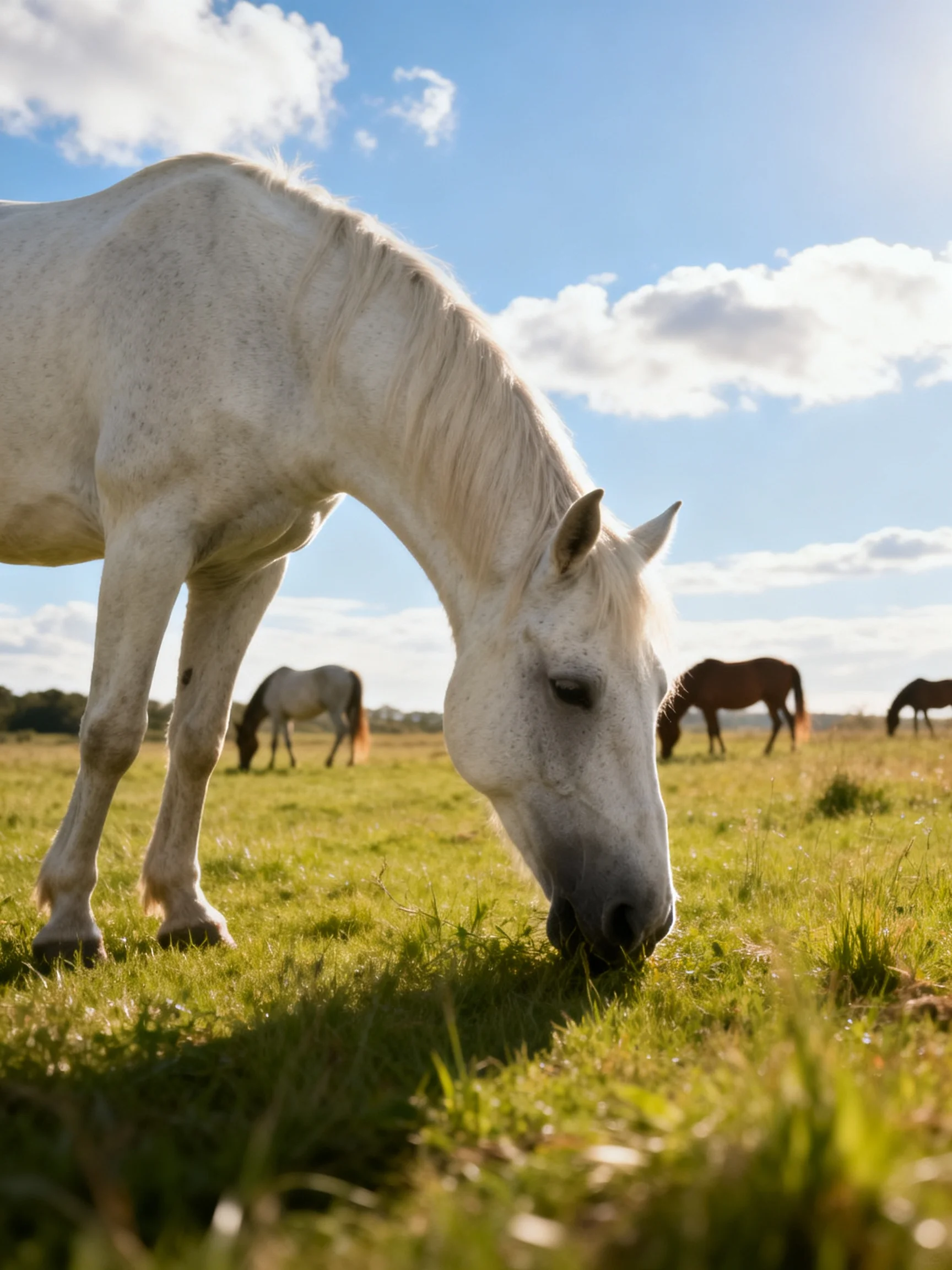 A white horse grazes in a sunny meadow with brown and gray horses