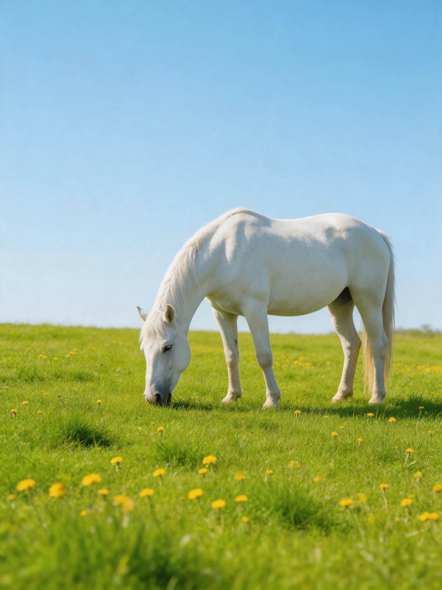 A white horse peacefully graes in a sunny meadow dotted with yellow flowers.