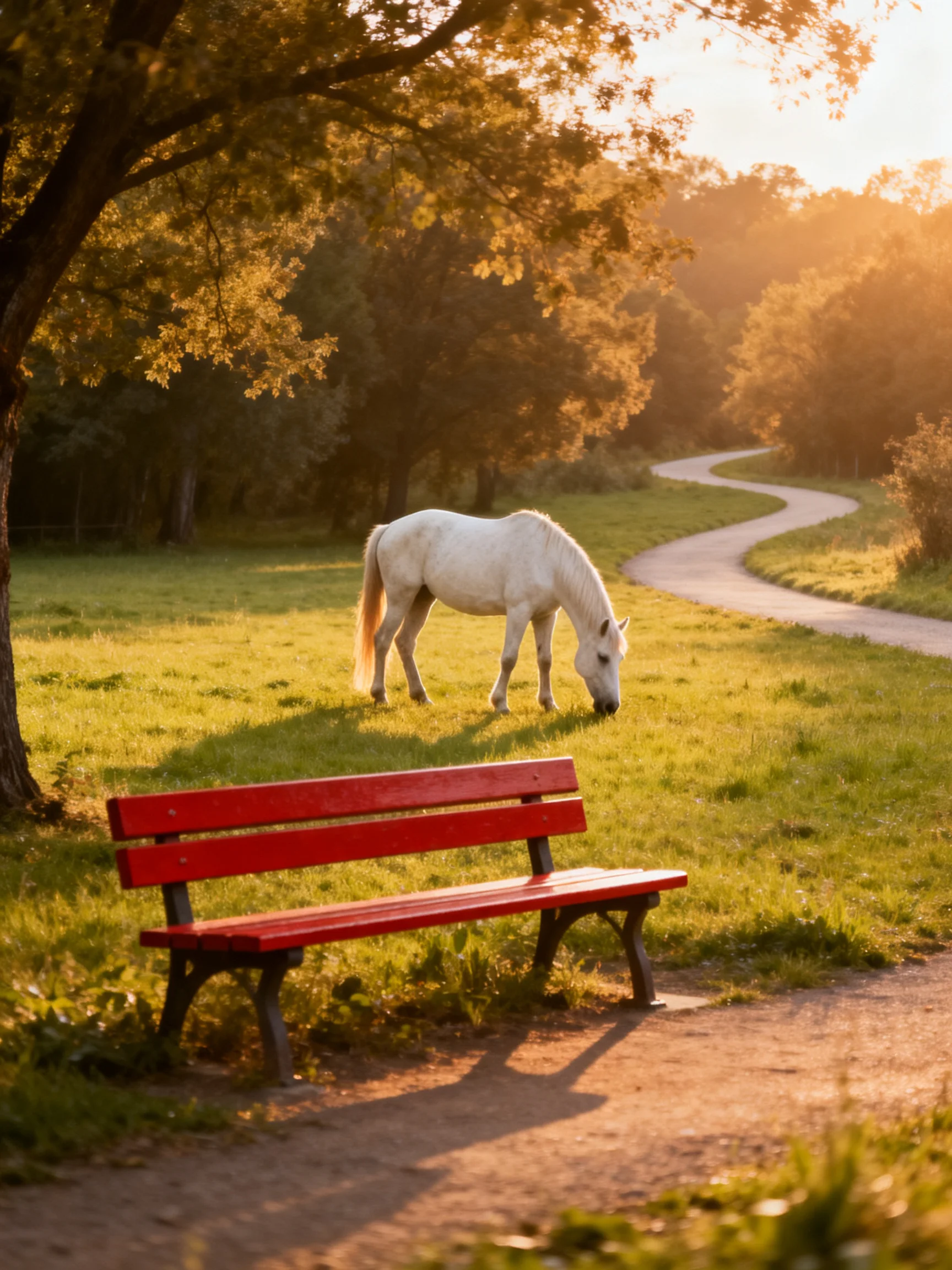 A white horse grazes near a bright red bench in a sunlit park