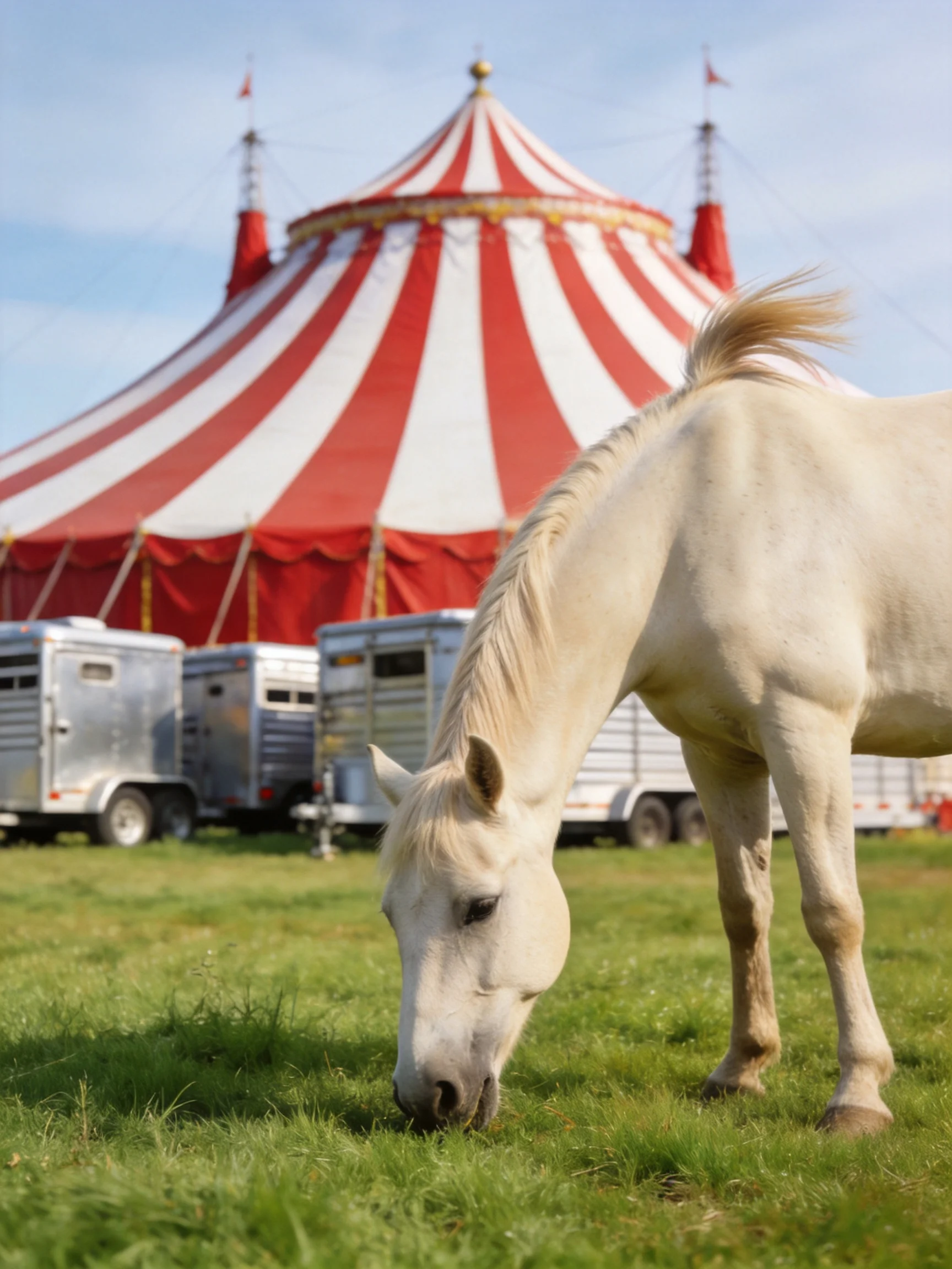 A white horse grazes near a large red-and-white circus tent