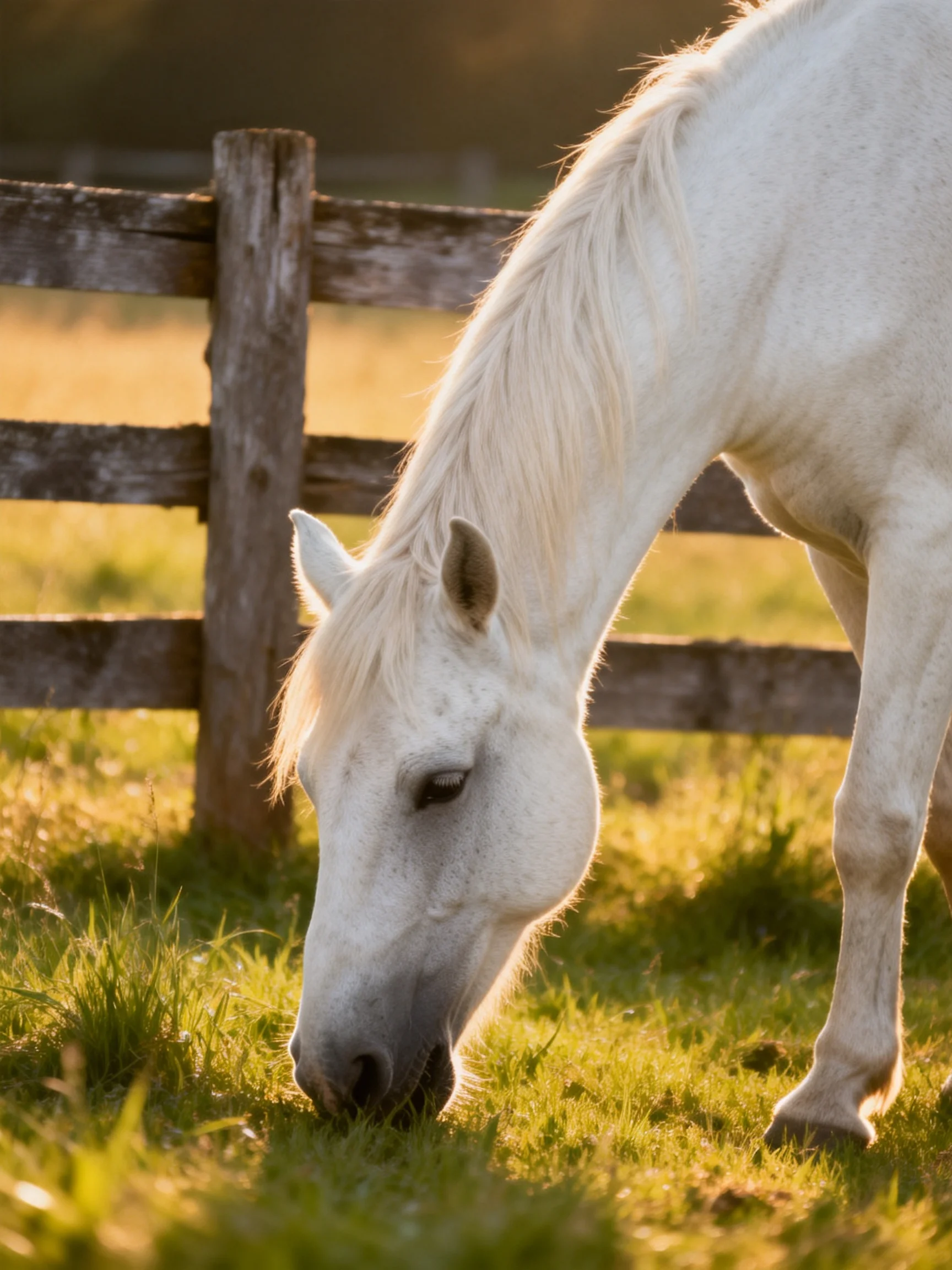 A white horse grazes near an aged wooden fence in a sunlit field