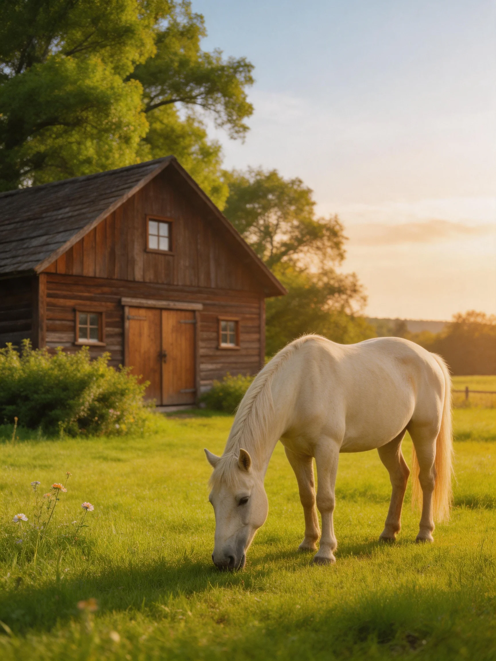 A white horse grazes near an old wooden barn in golden sunlight