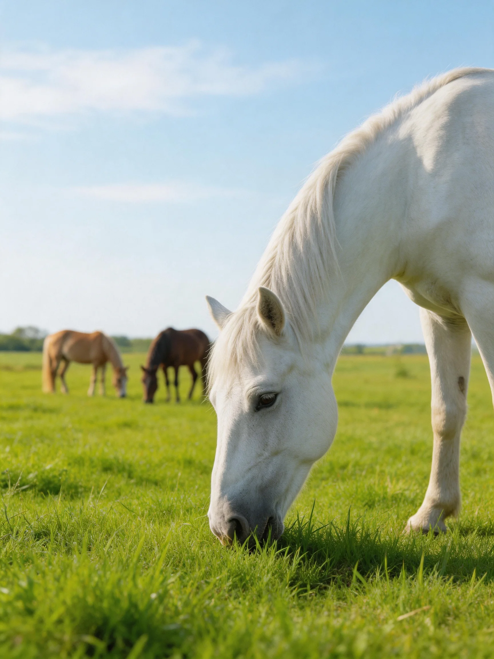 A white horse grazes near two others in a lush green meadow