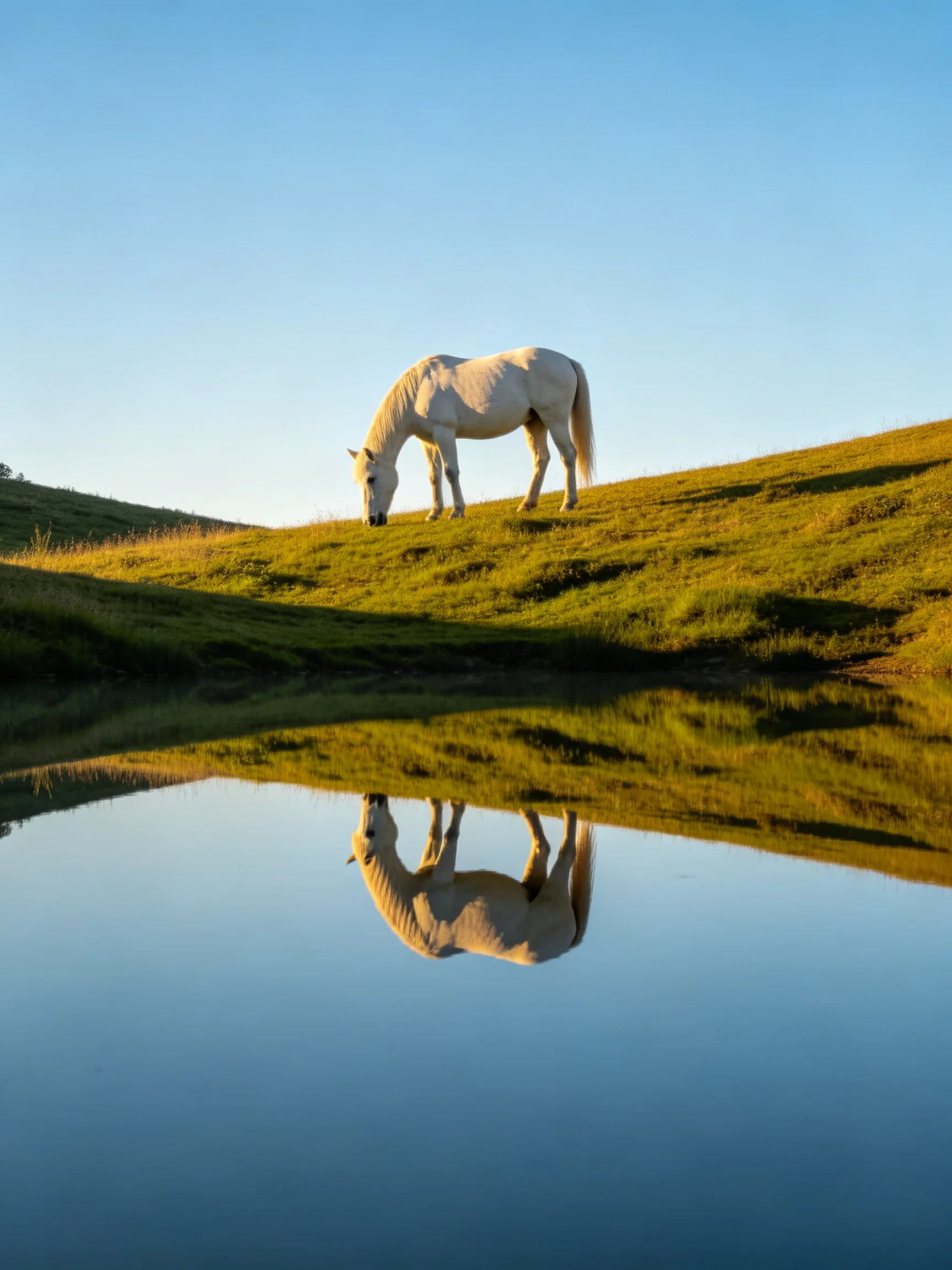 A white horse grazes near calm water reflecting its image.