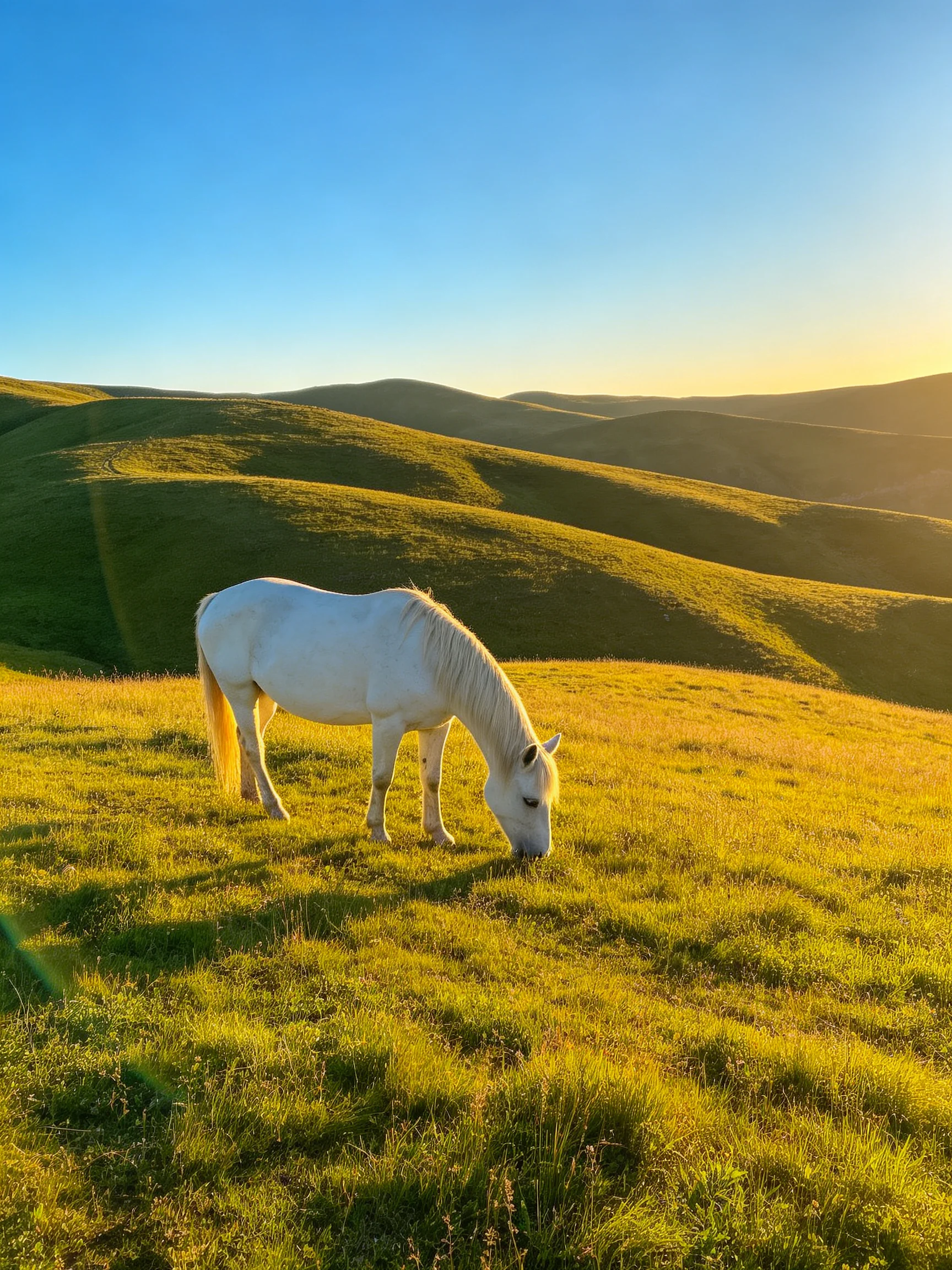 A white horse grazes on golden-hued rolling green hills