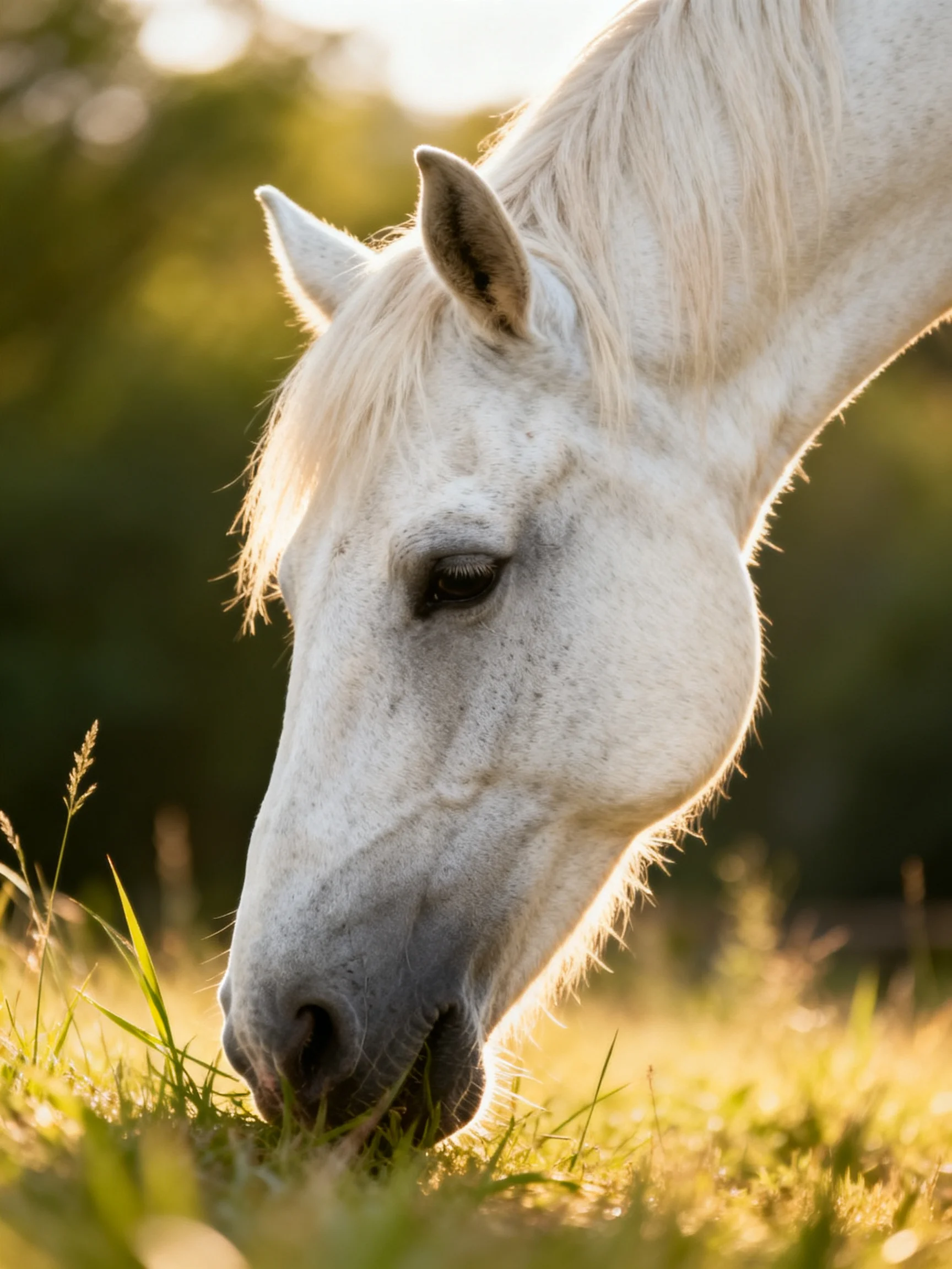 A white horse grazes peacefully in a sun-drenched meadow