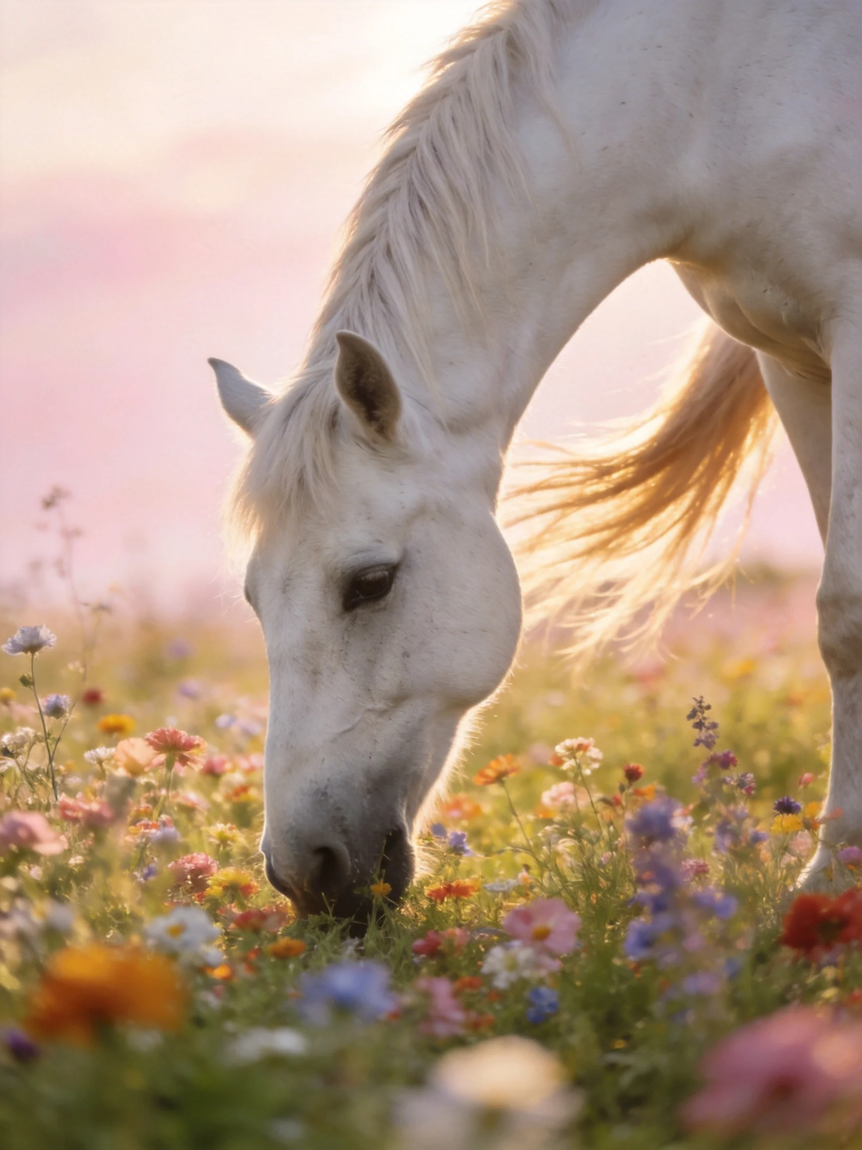 A white horse grazes among colorful wildflowers in a sunlit meadow.