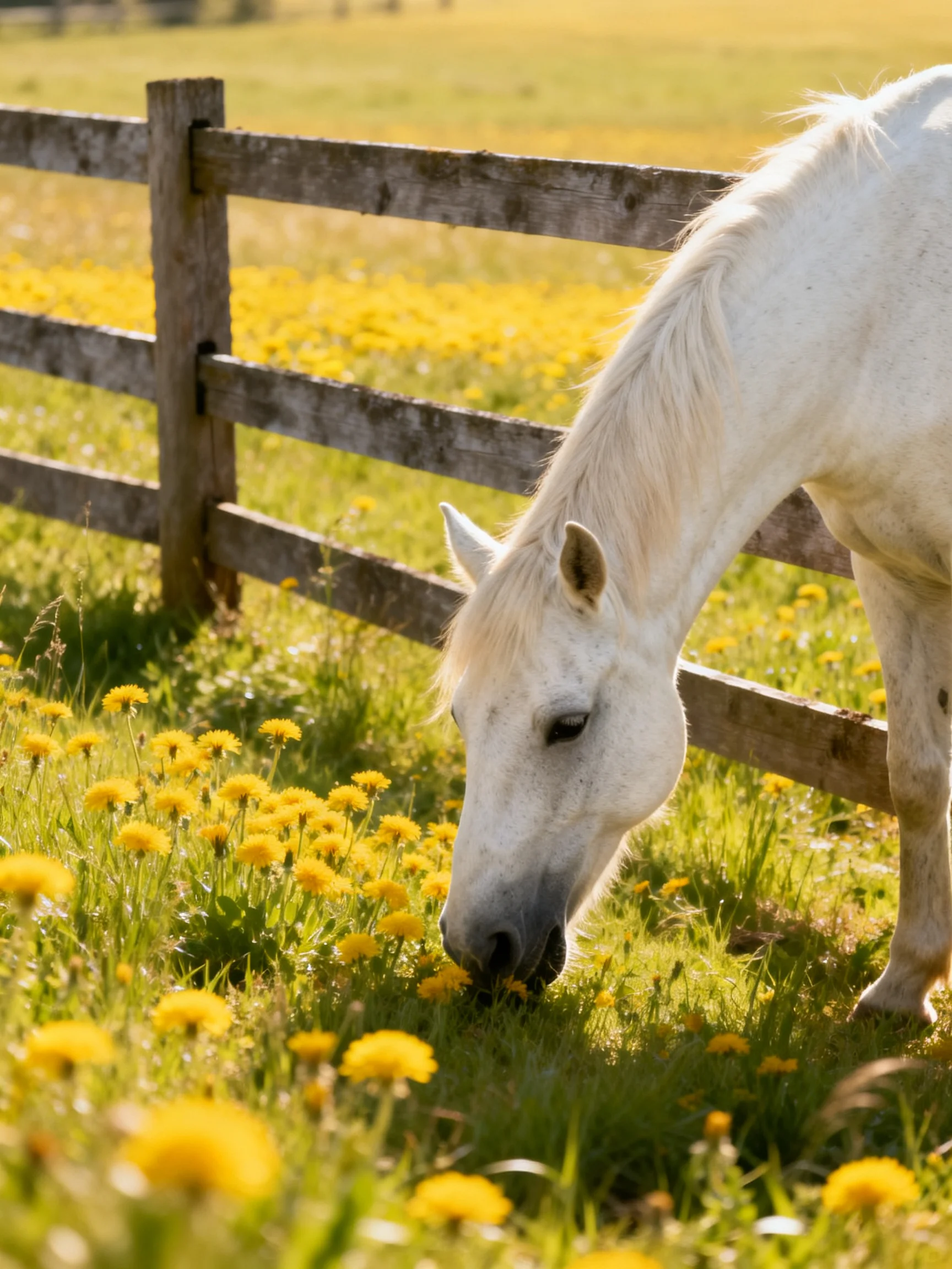 A white horse grazing among yellow dandelions near a wooden fence