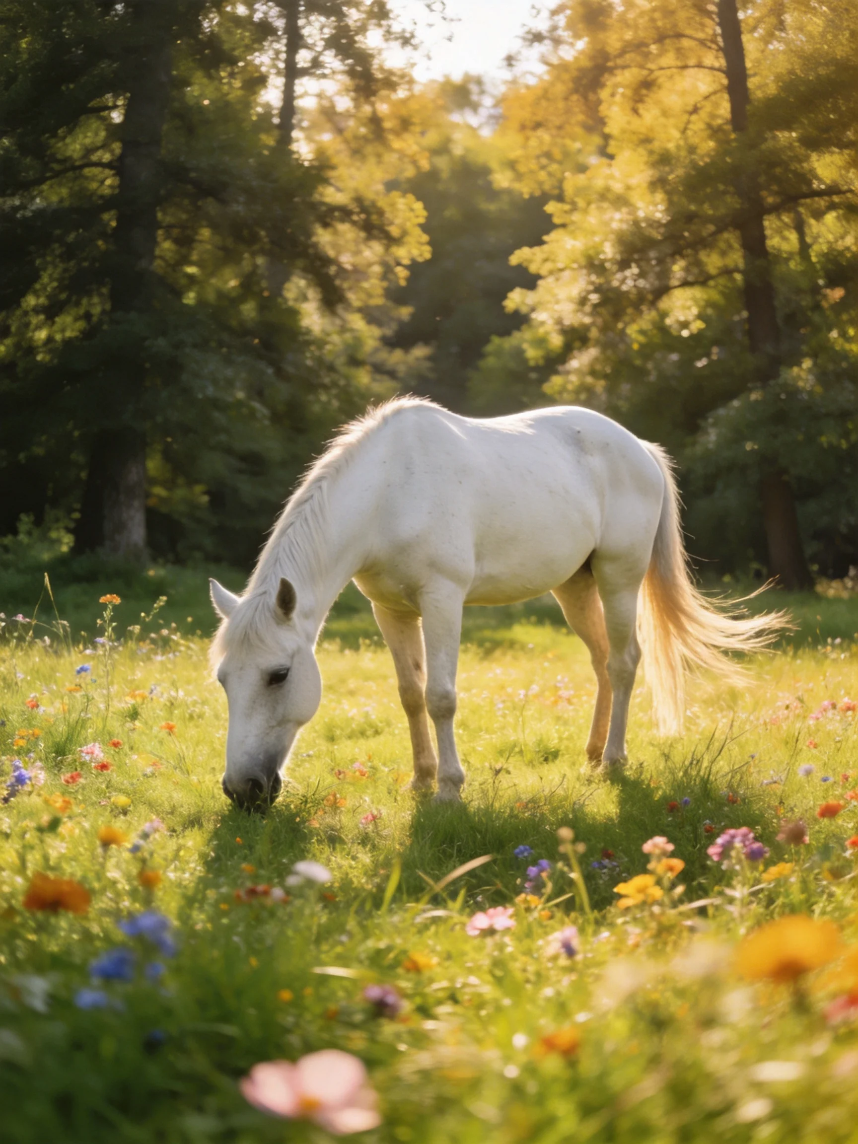 A white horse grazing in a colorful flower-filled meadow near tall trees