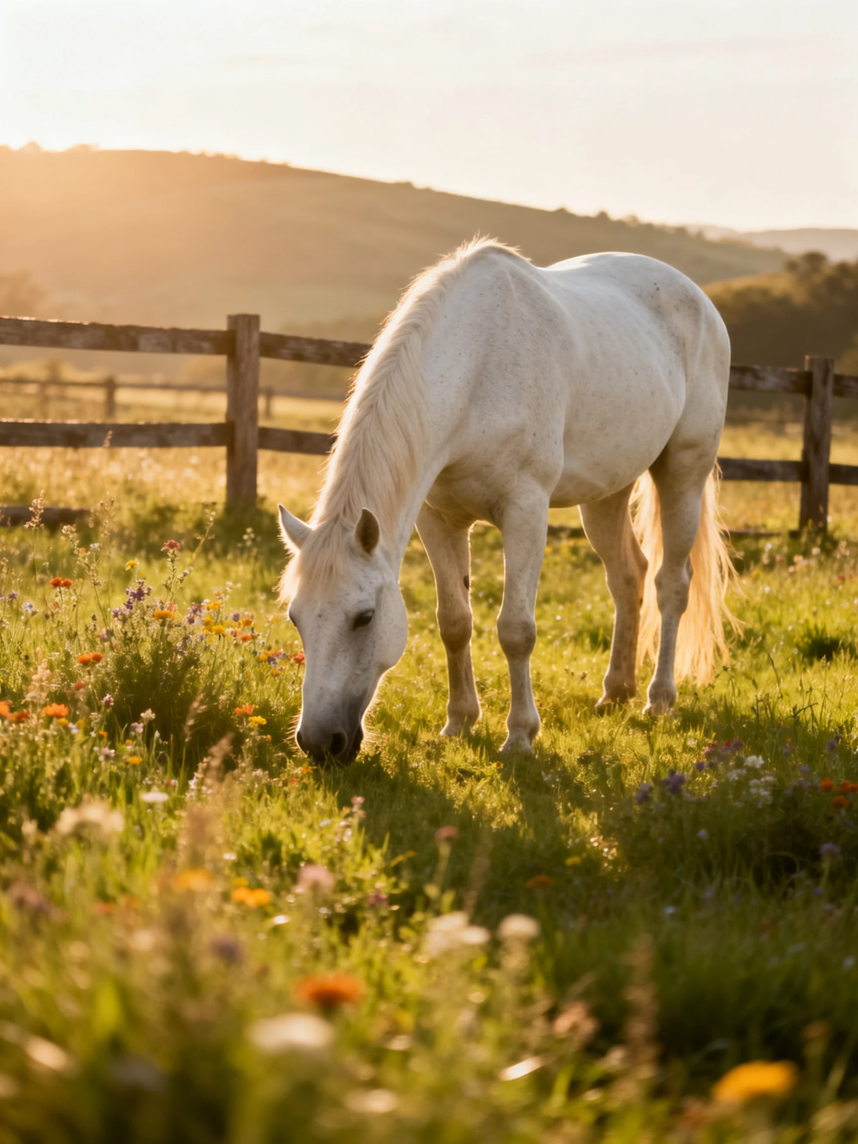 A white horse grazes in a sunlit meadow near a wooden fence.