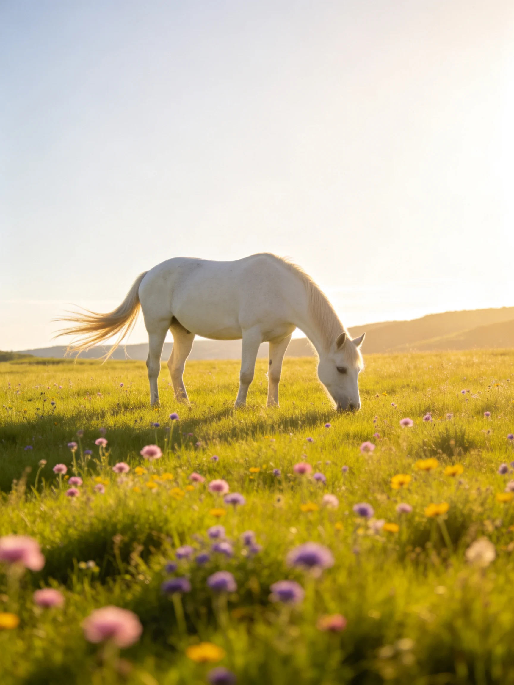 A white horse grazes among colorful flowers in a sunlit meadow