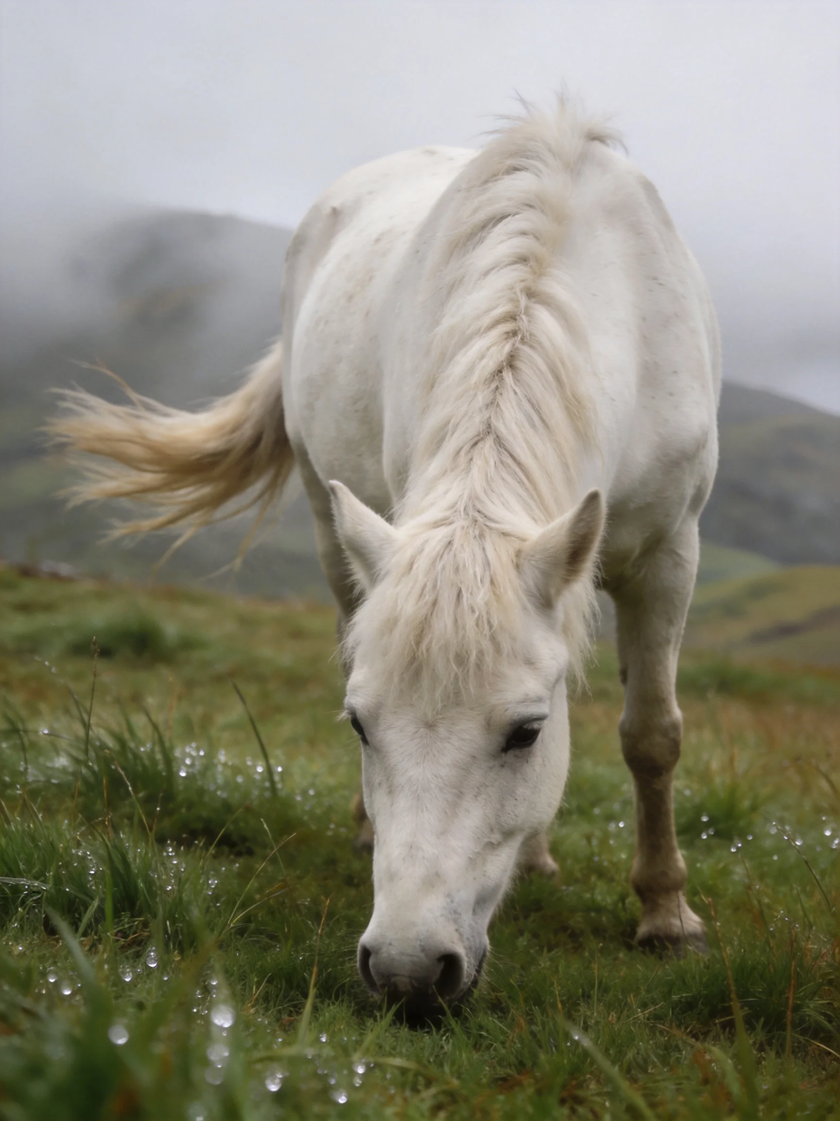 A white horse grazing in a dewy mountain meadow
